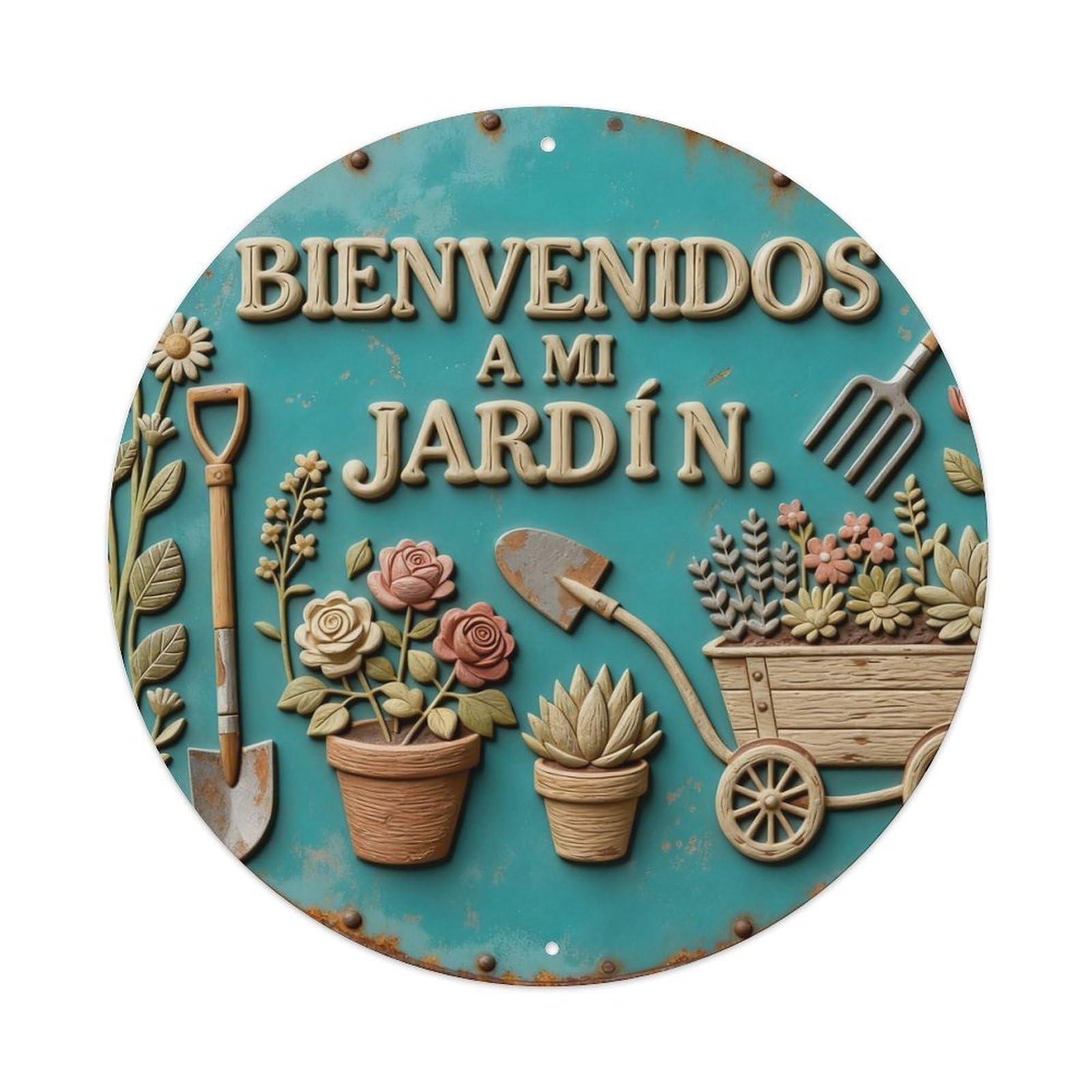 Garden Tools Flowers Pots Cart Round Metal Tin Sign Vintage Wall Decor, Bar Garage Cafe Kitchen Home Wall Art Poster 8x8inches