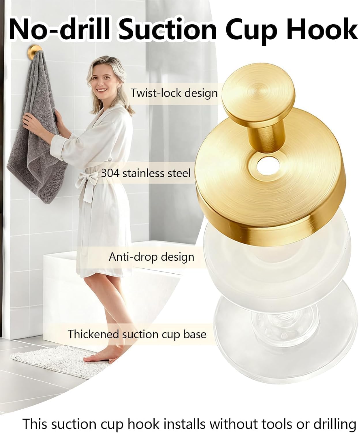 6 Pack Twist Suction Cup Hooks,10LB Stainless Steel Hold Shower Hooks