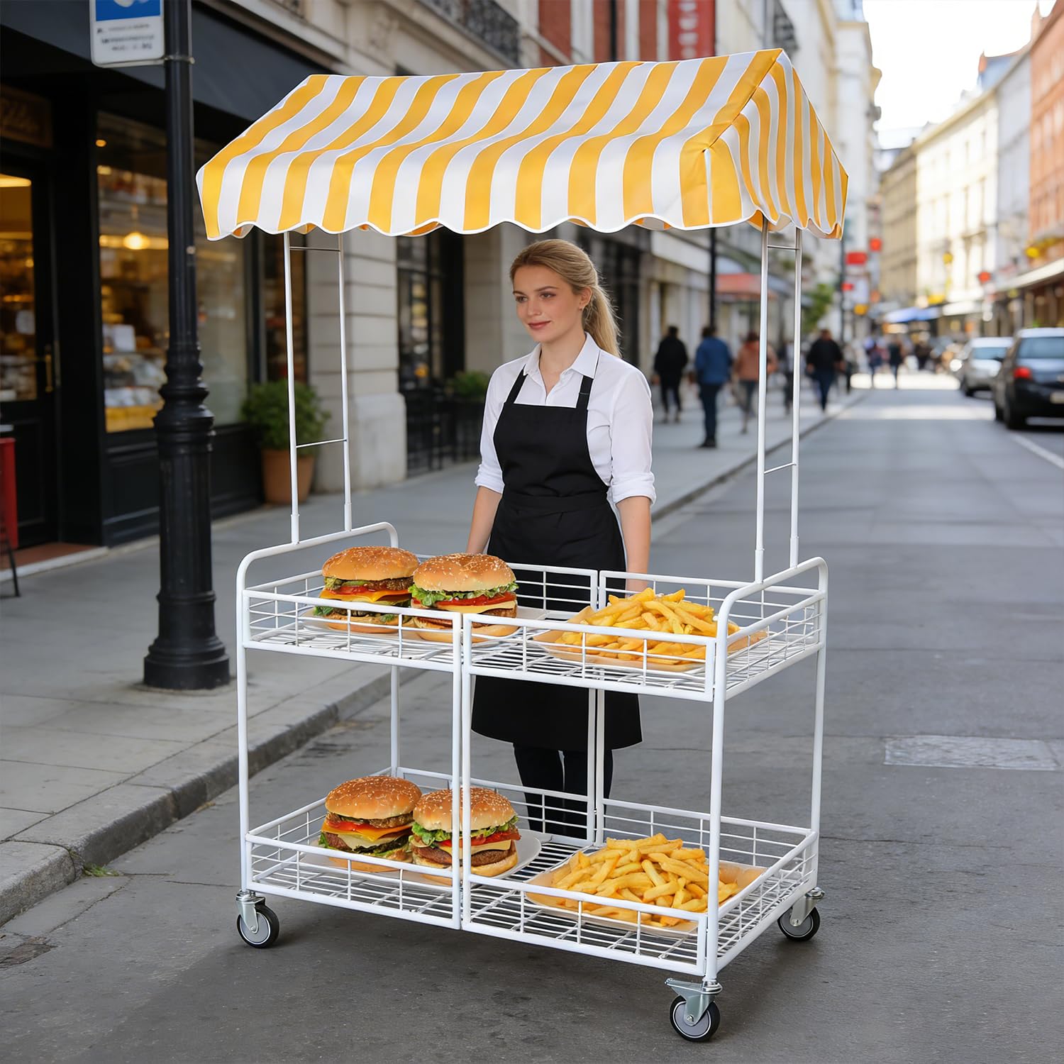 2-poziomowy mobilny stojak na żywność z baldachimem i zamykanymi kółkami, kiosk dla rolników targowych do Street Park