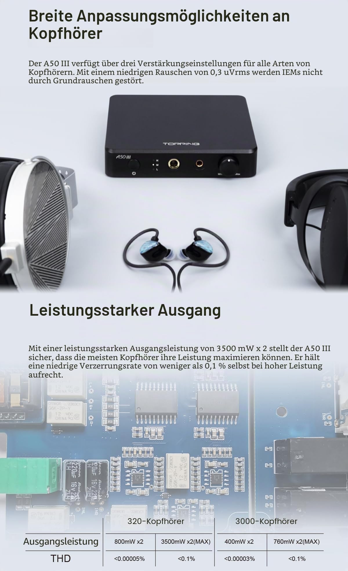 TOPPING A50 III NFCA Kopfhörerverstärker-Vorverstärker – SE/BAL-Eingang 6,35 mm Single-Ended 4,4 mm symmetrische Buchse 3500 mW x2 leistungsstarker Ausgang (Silber)
