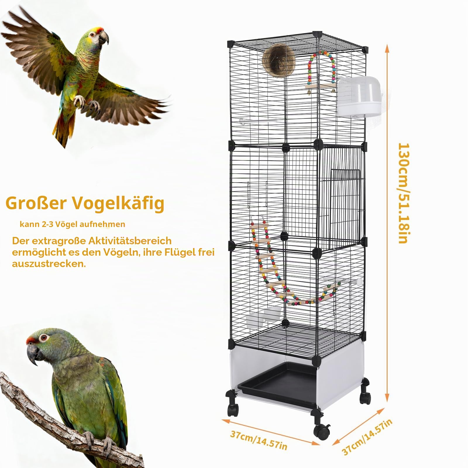MSFE Vogelkäfig Groß, 130x37x37cm Vogelbauer mit 4 Rollen, Vogelkäfig mit Vogelspielzeuge,Metallkäfig für Sittiche, Finken, Kanarienvögel, Unzertrennliche, Nymphensittiche, Wellensittiche