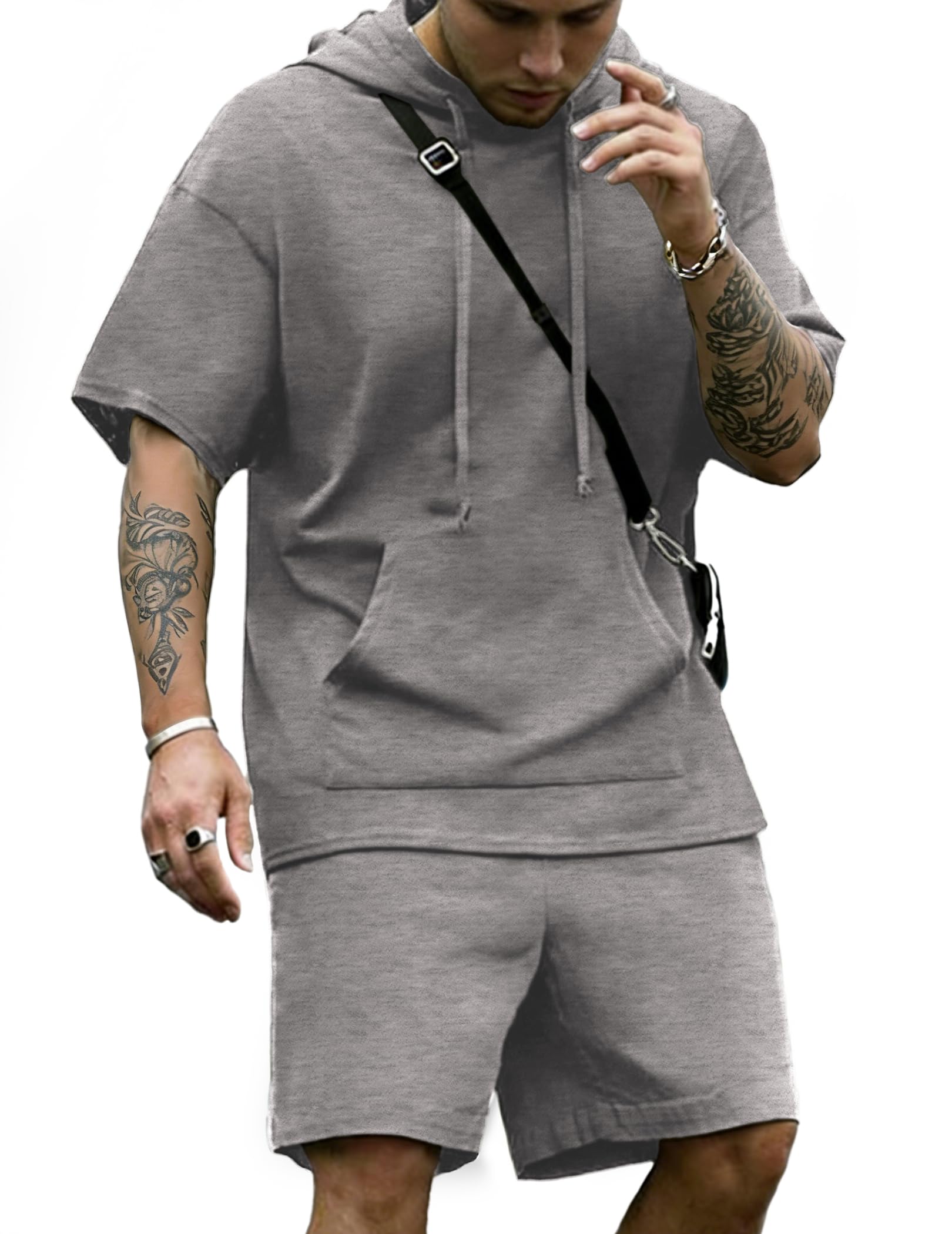 COOFANDY Men's Tracksuit 2 Piece Hooded Athletic Sweatsuit Short Sleeve Casual Sports Hoodie Shorts Set