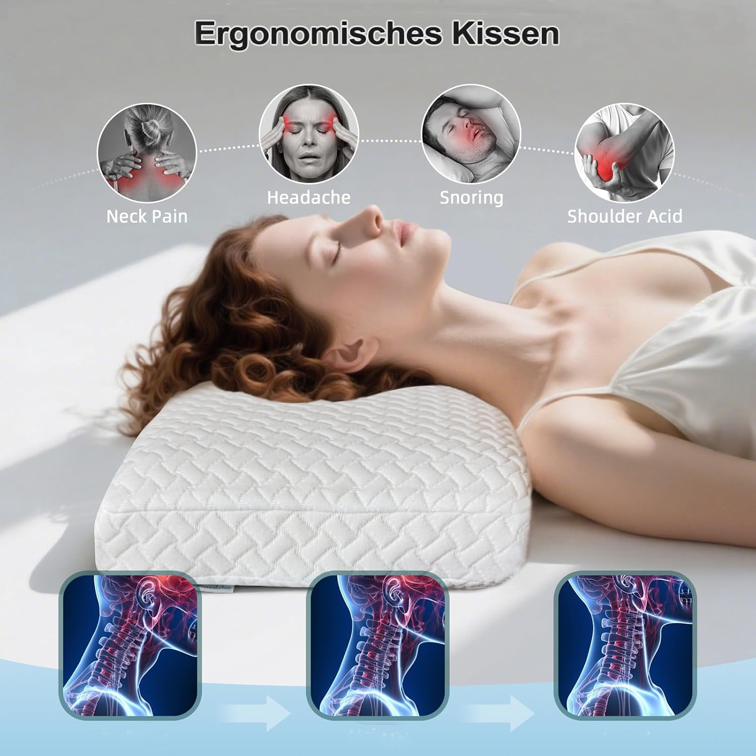 Cuscino in memory foam per un sonno riposante, ergonomico, ad alta densità, per chi dorme sul fianco e sulla schiena (bianco)