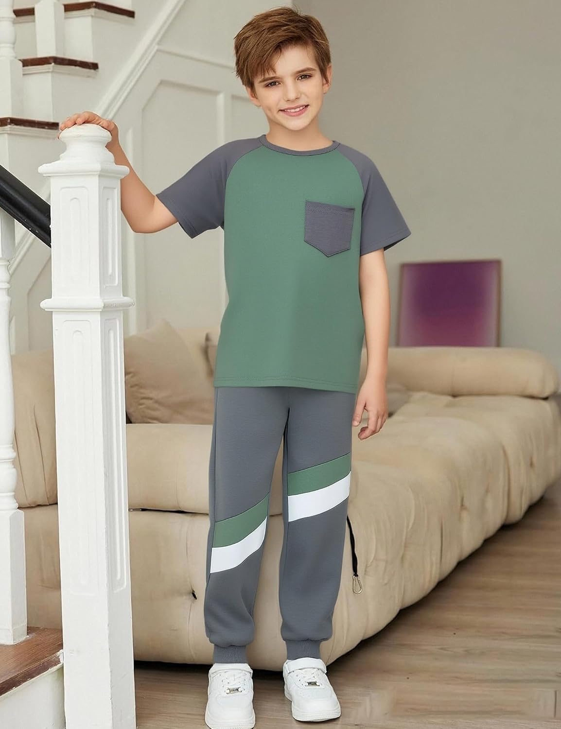 Boys Clothes,Boy outfits 2-Piece Raglan Color blocking Short-Sleeve T-Shirt Color blocking Pant Boys Clothing Set image 4