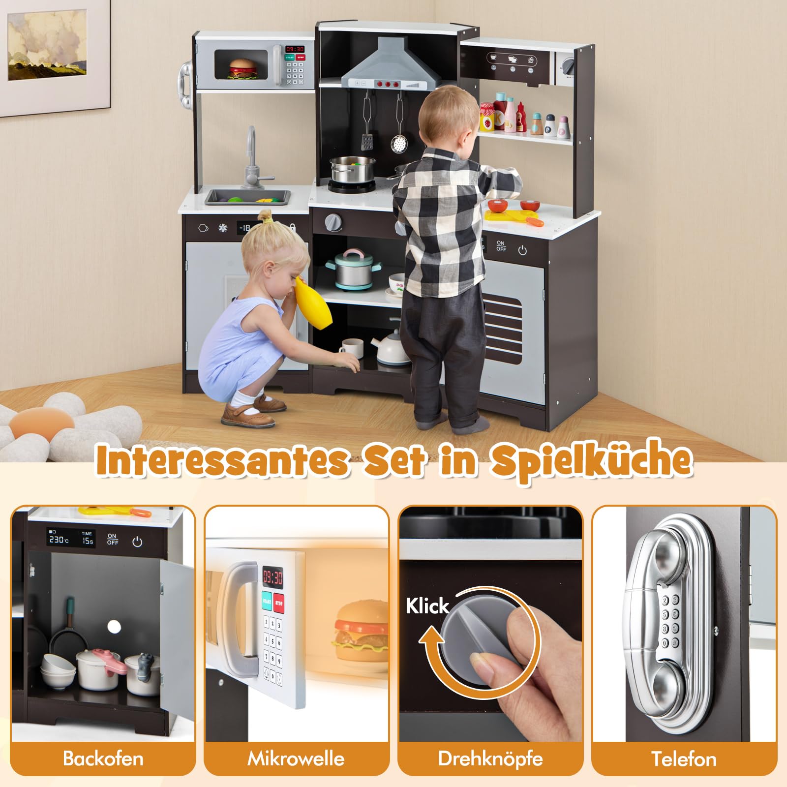 COSTWAY Kinderküche Holz, Spielküche mit Dunstabzugshaube, Spüle, Wasserhahn, Mikrowelle & Ofen, Spielzeugküche mit Lincht und Sound, Holzküche mit Zubehör für Kinder ab 3 Jahren (Braun)