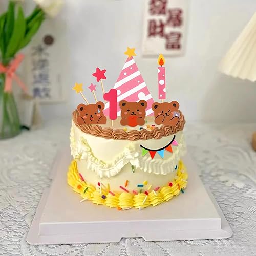 Miniatura 3 de Ercadio Paquete de 20 adornos para tartas de oso de feliz cumpleaños, diseño de oso de peluche rosa, globo, nube, pasteles, para temática de oso,