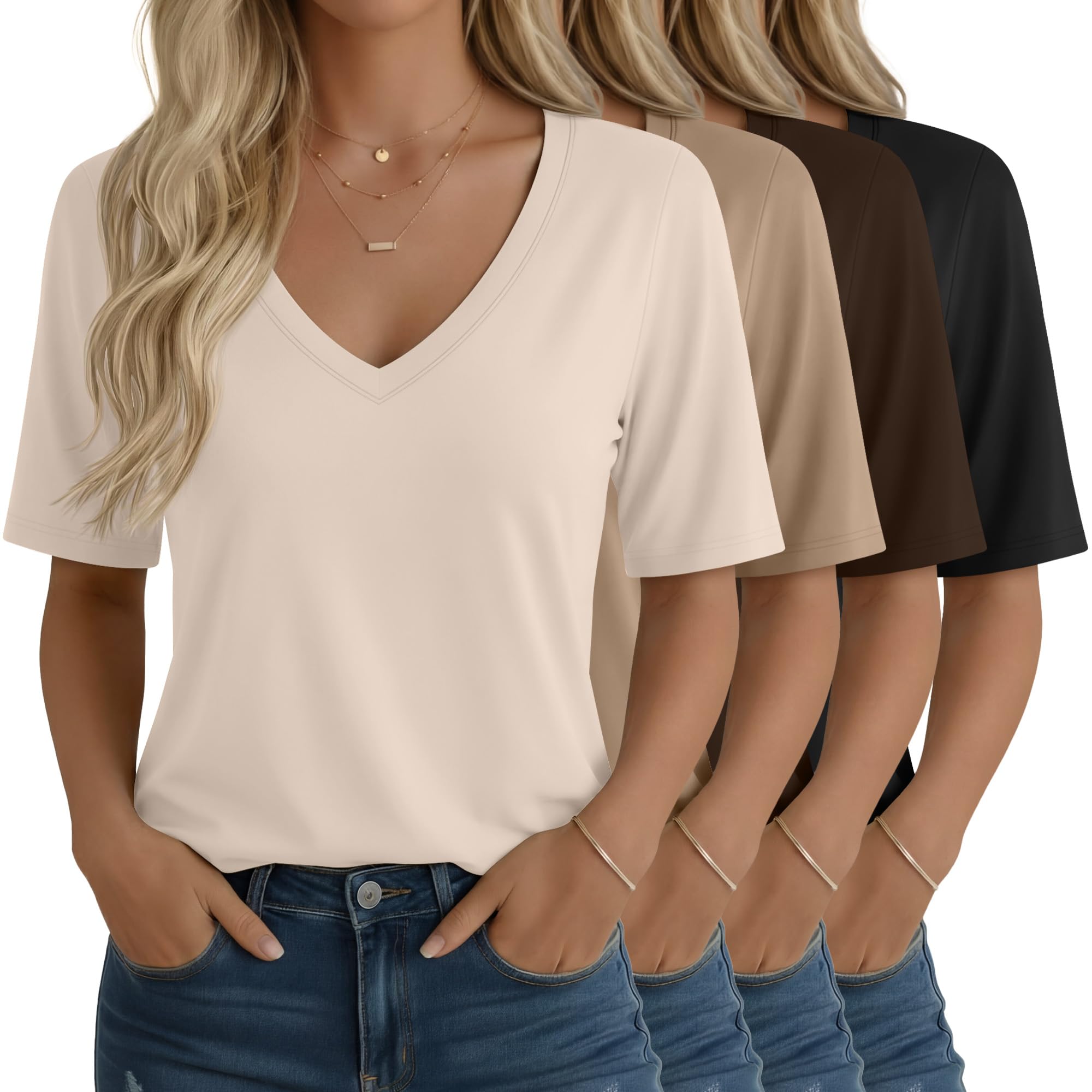 Oakgarden 4 Pack Womens Half Sleeve Tops V Neck T Shirts Casual