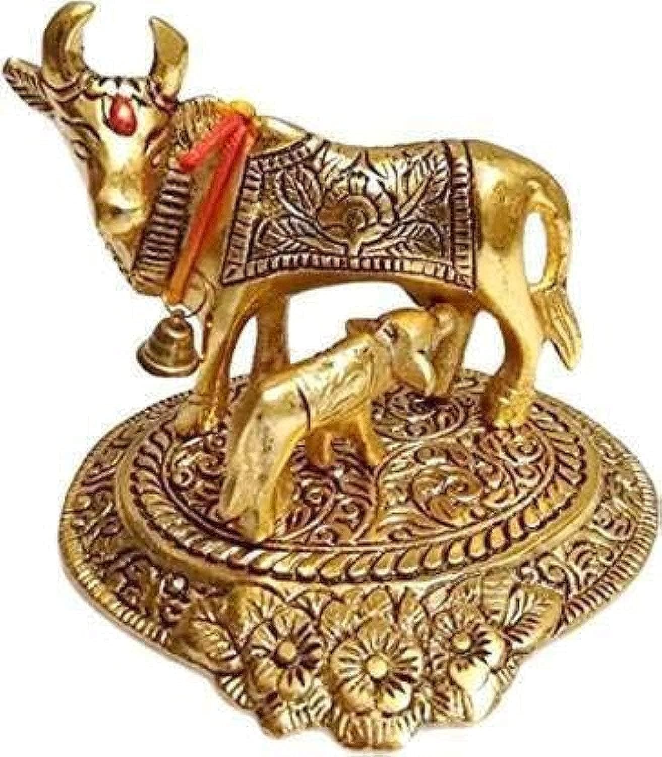 KamdhFashion Bizz Kamdhenu Cow Statue with Calf for Home Decor Gifting and Decorative Golden Metal Showpiece Decorative Showpiece - 12 cm (Aluminium, Gold) enu_Cow_ Statue