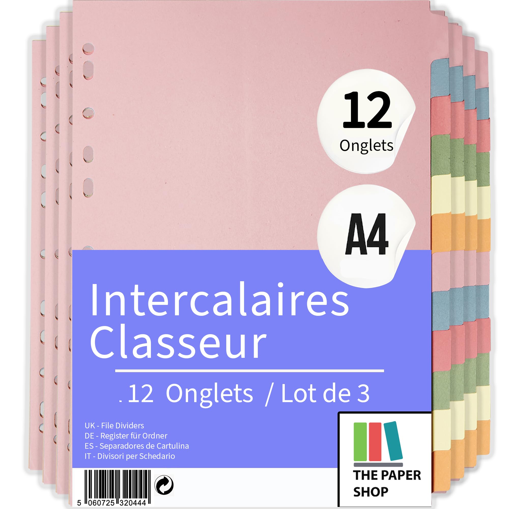 The Paper Shop Intercalaires Classeur A4 Séparateurs Format Vertical | Pack de 3 | Lot de 12 Perforés en Carton Rigide | Intercalaires Colorés Bureau École Archives Organisation