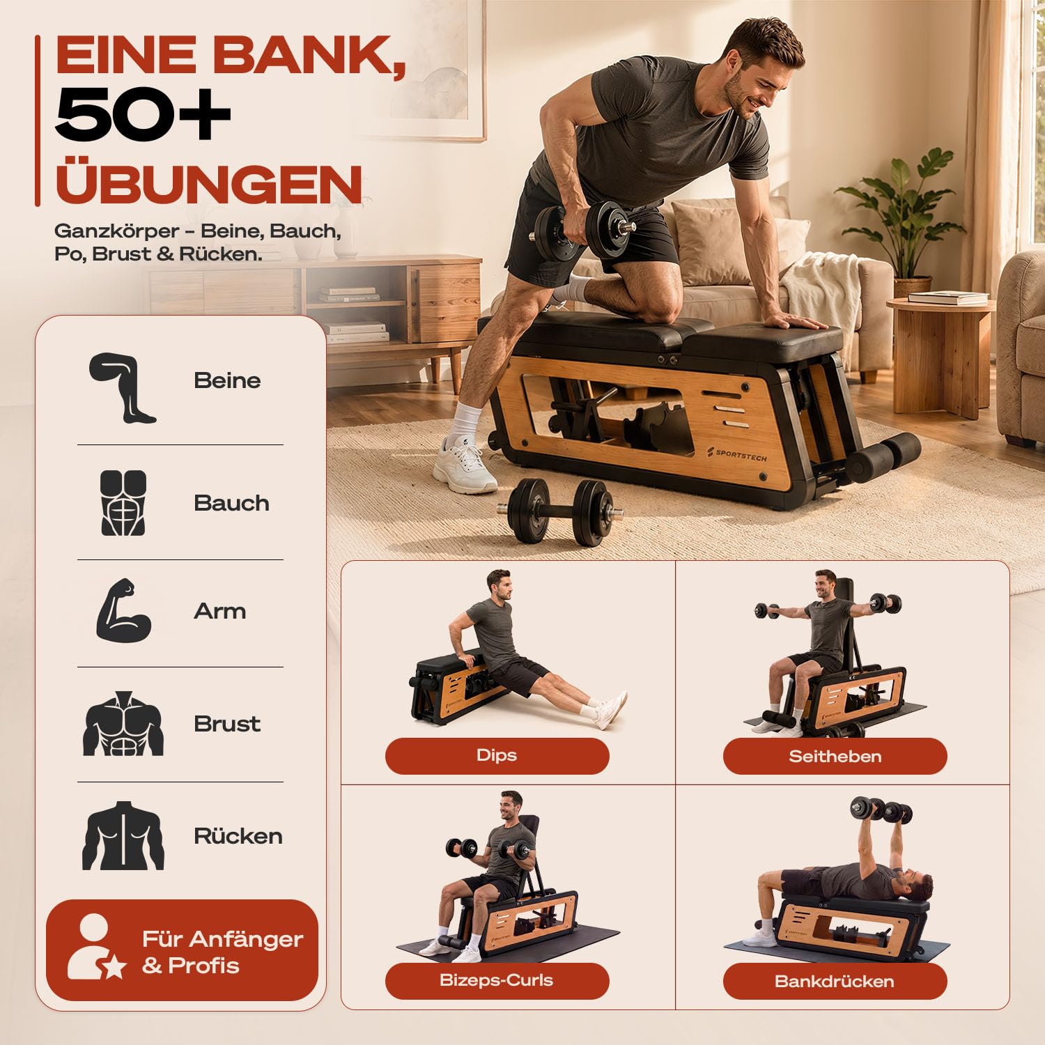 Sportstech Hantelbank Holz für Zuhause, 220 kg belastbar, mit Hantelablage