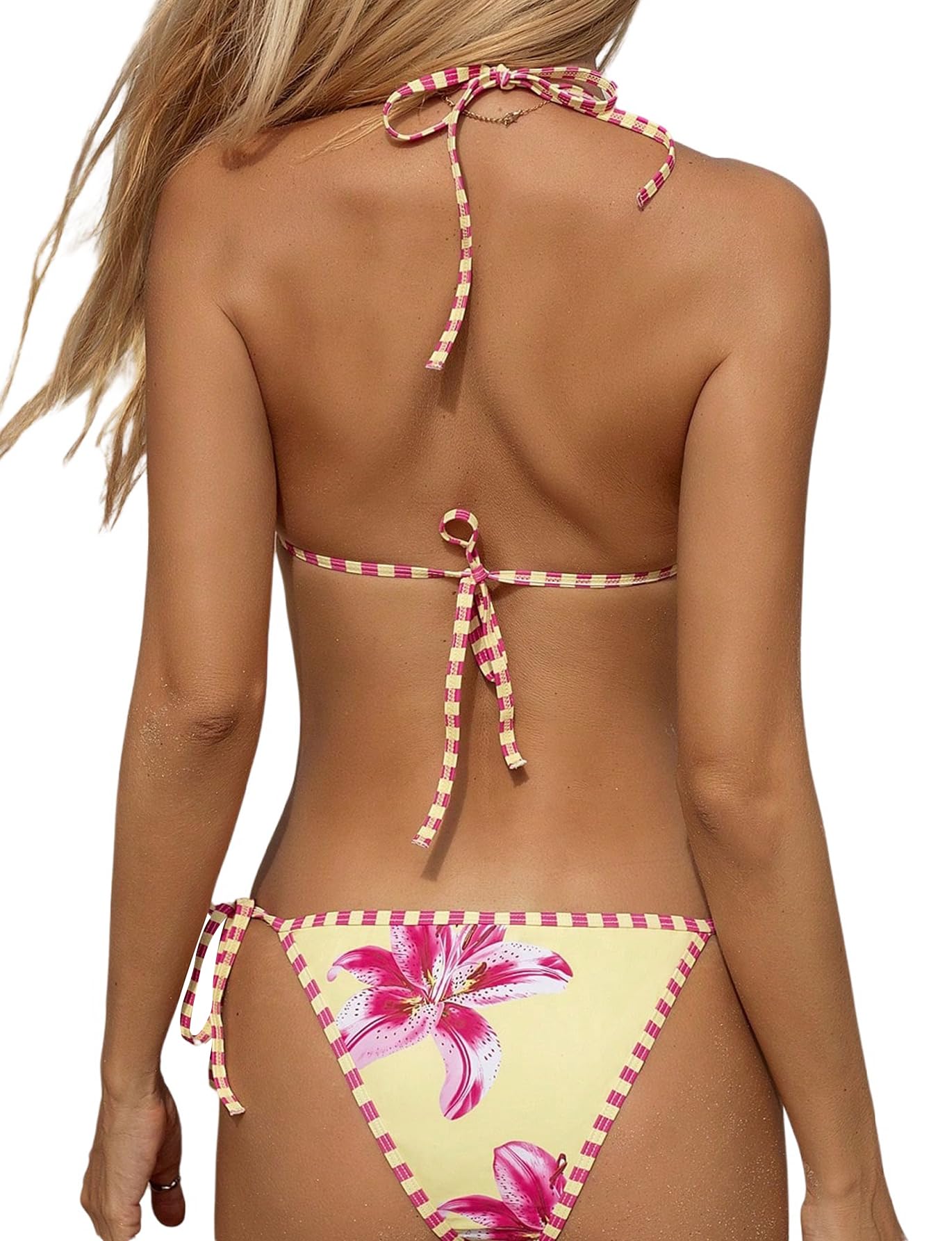 GORGLITTER Bikini da donna a triangolo, con allacciatura al collo, parte superiore a vita bassa, con fiori, costume da bagno in due pezzi con fascia