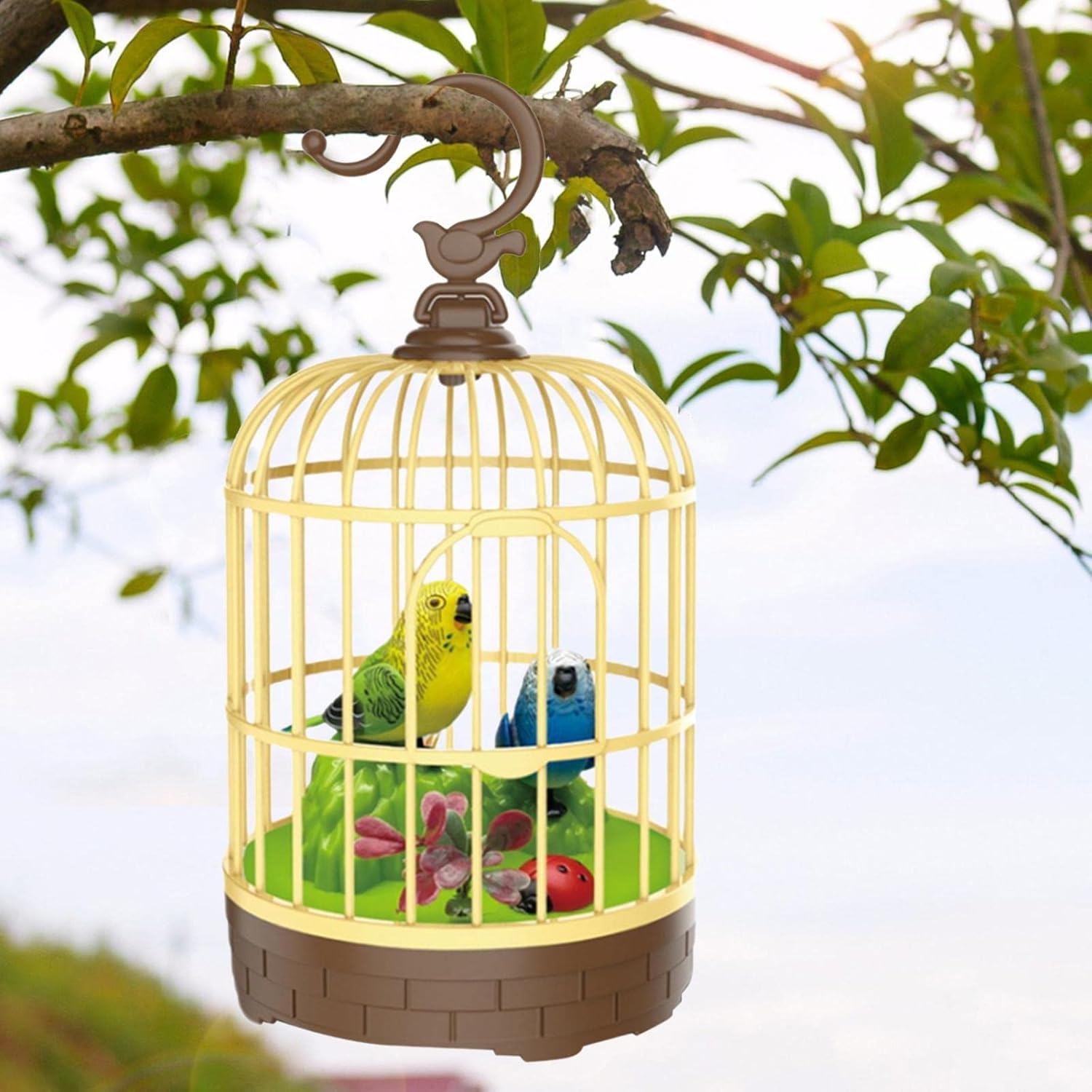 Sound Activated Chirping Bird in Cage Toy, 2-Pack Realistic Singing Bird with Motion Sensor for Kids, Green & Blue