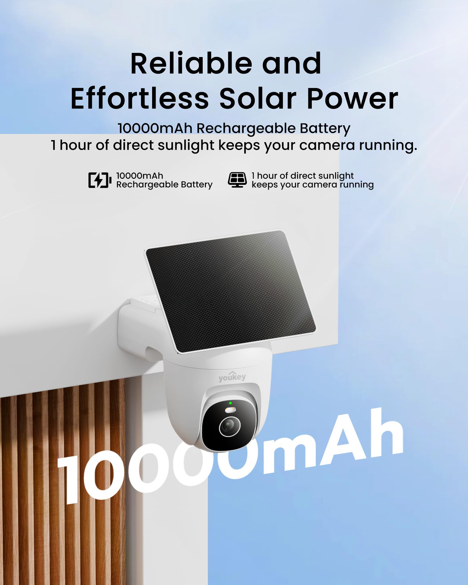 youkey Telecamera di sicurezza solare Wireless Outdoor, Registrazione AOV 24/7, Rilevamento persona/veicolo AI, 25 m di notte a colori, senza abbonamento, Pan/Tilt a 360°, monitoraggio umano, batteria