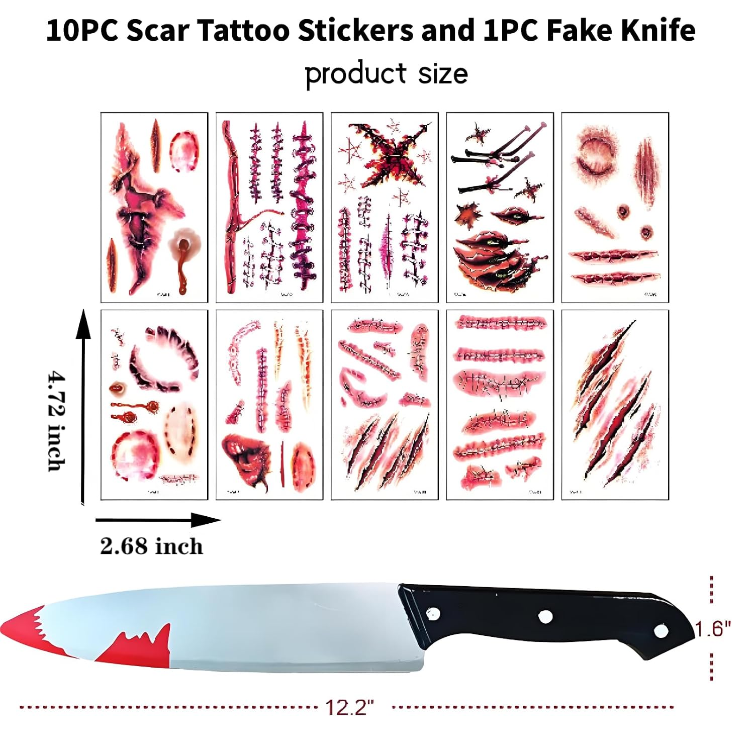 Halloween Fake Knife Props, Good Guy Patch, 10 Halloween Scar Tattoo Stickers, for Halloween Chuckys Costume Accessories