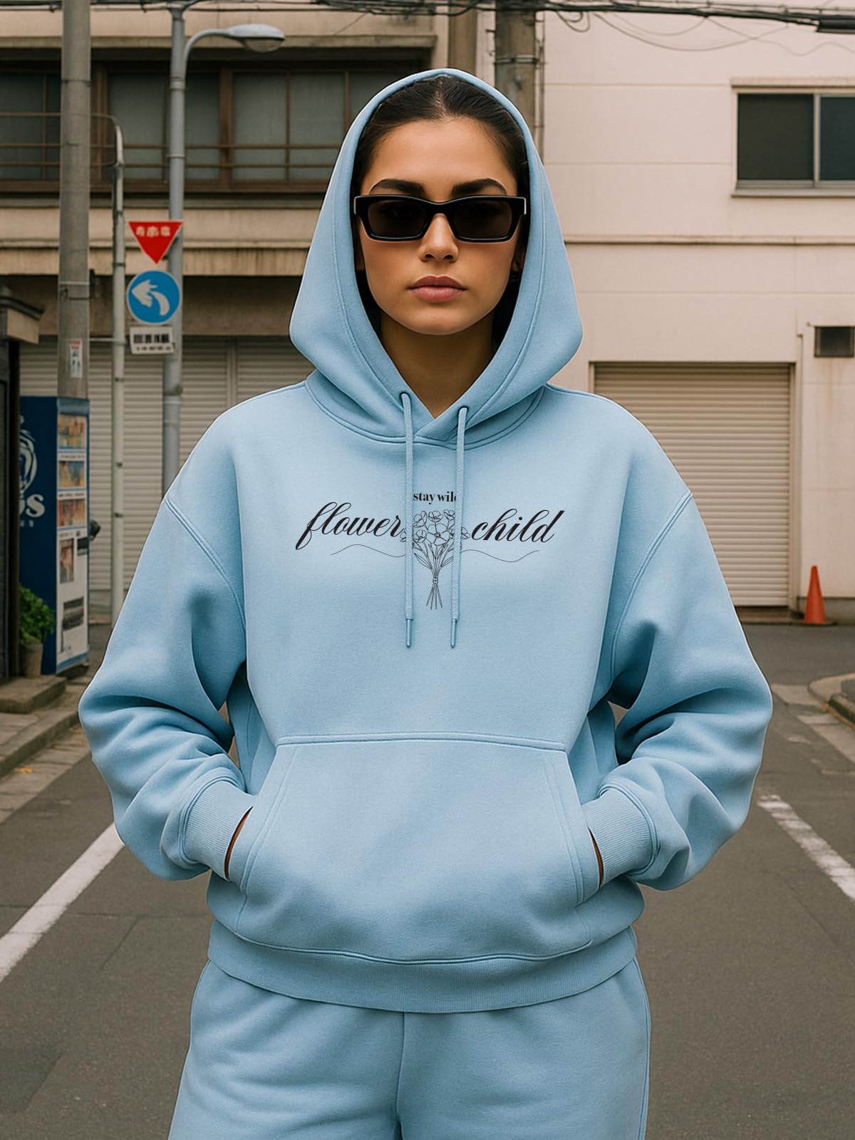 JUNEBERRY Bawełniana bluza z kapturem oversize, pikowane ramiona, długie rękawy, nadruk graficzny z przodu, damski sweter z kapturem S do 3XL