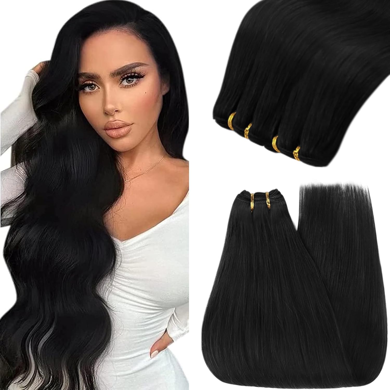 YoungSee Sew in Hair Extensions Real Human Hair Black Sew