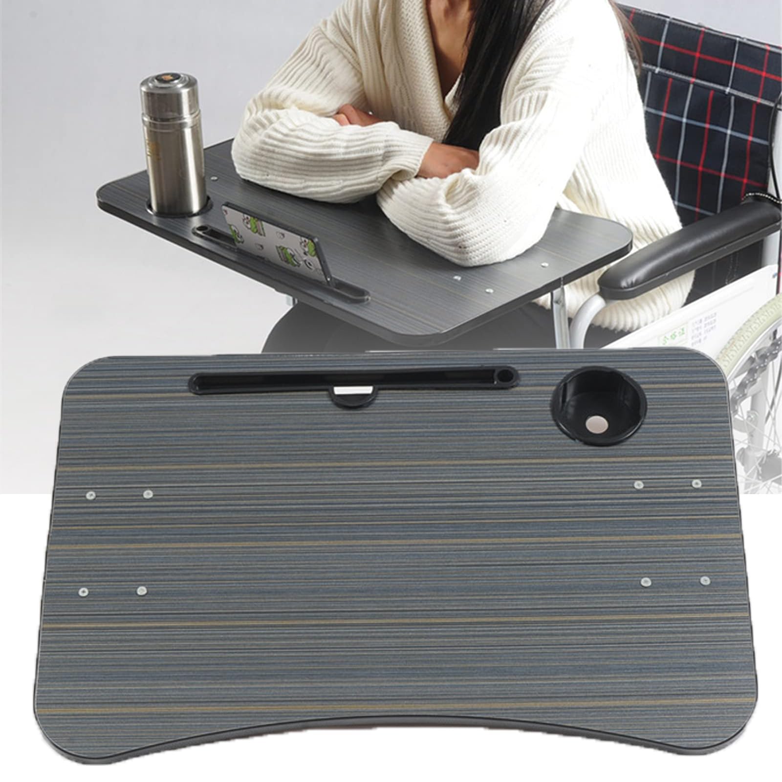 Rollstuhltablett Aus Holz, Abnehmbares Rollstuhl-Schoßtablett, Mit Kartenfach Für Mobiltelefon Und Kartenfach Für Wasserbecher, Tragbarer Rollstuhltisch Zum Essen, Lesen Und Ausruhen,Black