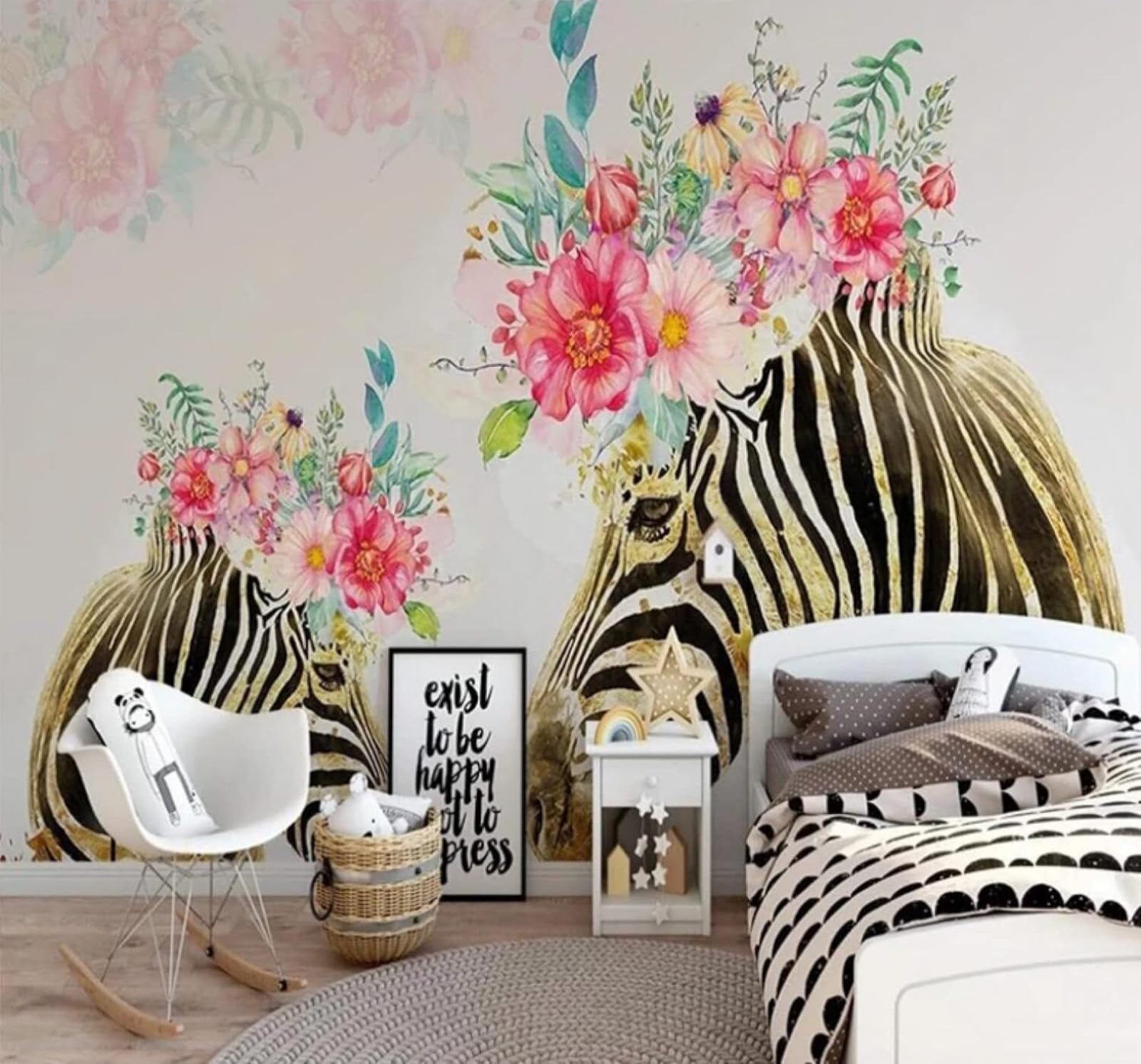 Hand Drawn Golden Zebra Beautiful Flowers 3D Wallpaper Easy Install Feature Office Living Room Sofa Bedroom TV Background Wall Decoration-300cm×210cm