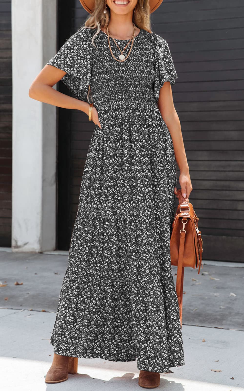 PRETTYGARDEN Smocked Top Summer Dresses for Women 2026 Short Sleeve Floral Maxi Dress for Women Maxi Abito Primaverile con Maniche a Volant per Le Donne in Spiaggia e Vacanze Donna (Pacco da 1)