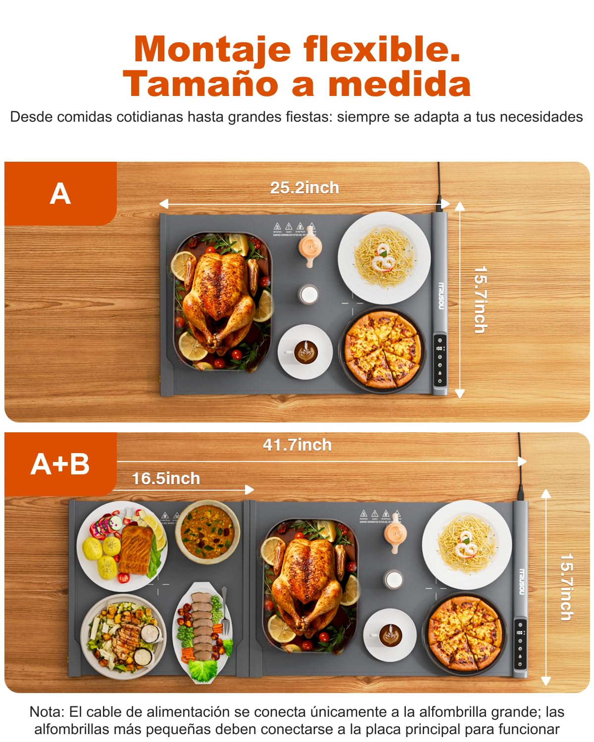 Alfombrilla térmica extensible de silicona 106x40 cm – 7 ajustes de temperatura, conmutable ℃/℉, temporizador 99H, bloqueo infantil – 2 paneles tamaños personalizables para eficiencia energética