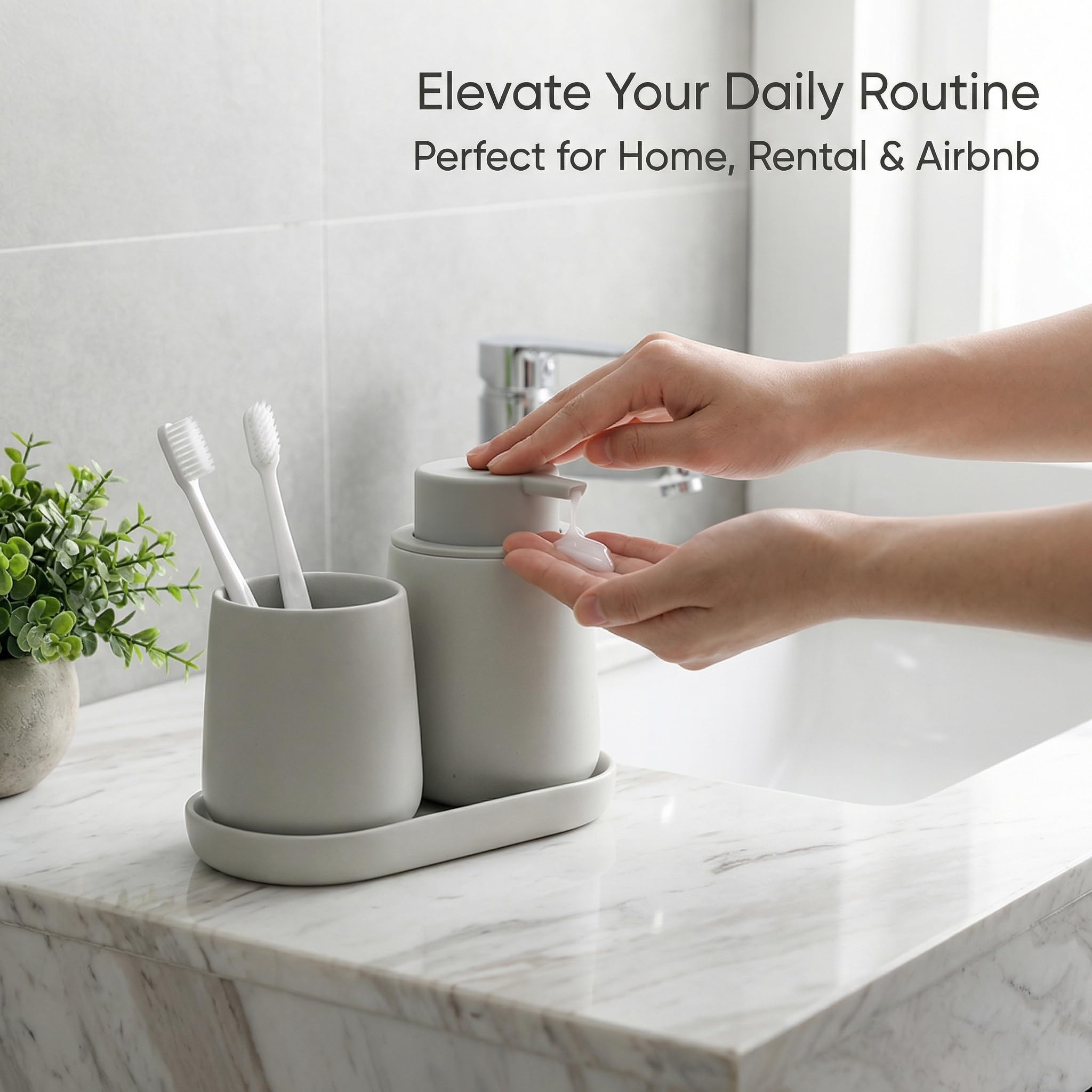 BosilunLife Juego de accesorios de baño, 3 piezas, dispensador de jabón espumoso de cerámica para baño, decoración de baño, dispensador de jabón de espuma y soporte para cepillo de dientes con bandeja