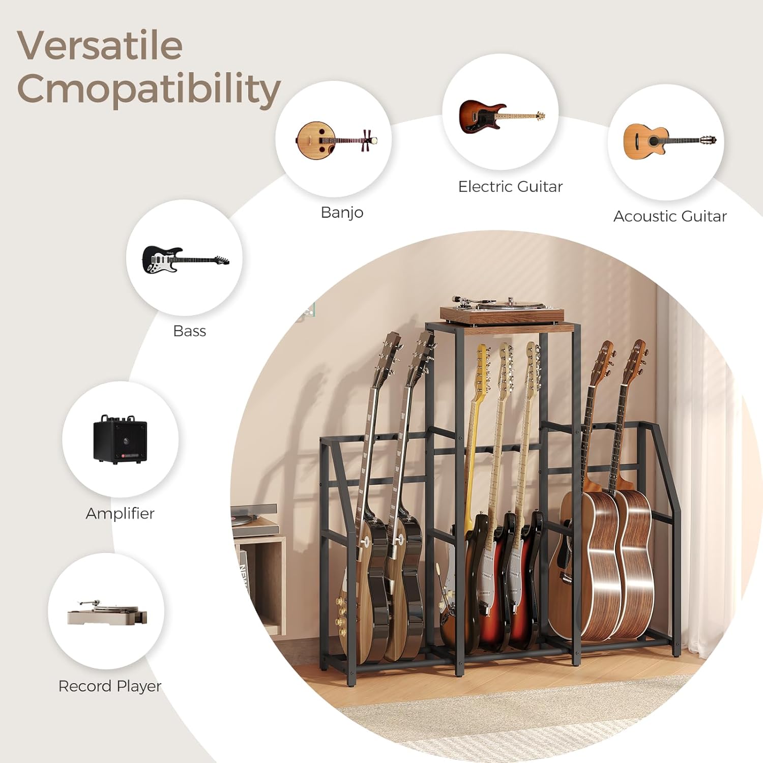 Graphic illustrating versatile compatibility with various instruments and a guitar stand holding multiple guitars in the background.