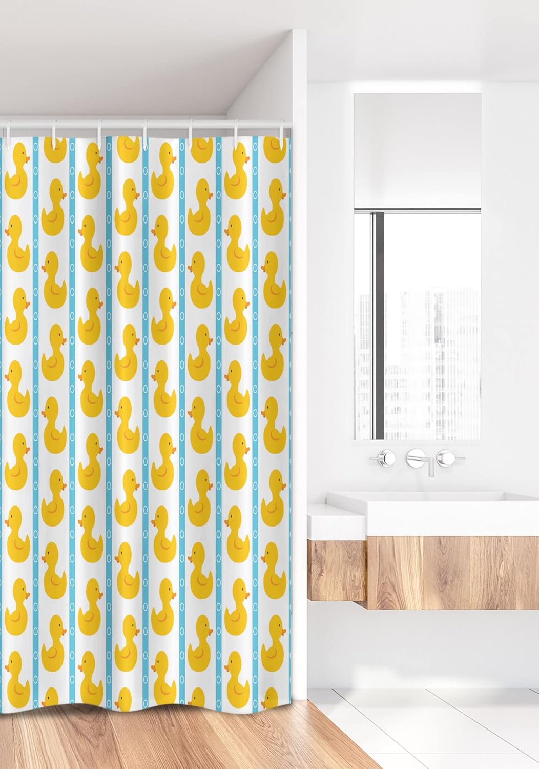 Ambesonne Rubber Duck Stall Shower Curtain, Duckies on Stripes and Small Circles Play Pattern Print, Fabric Bathroom Decor Set with Hooks, 36" W x 72" L, White