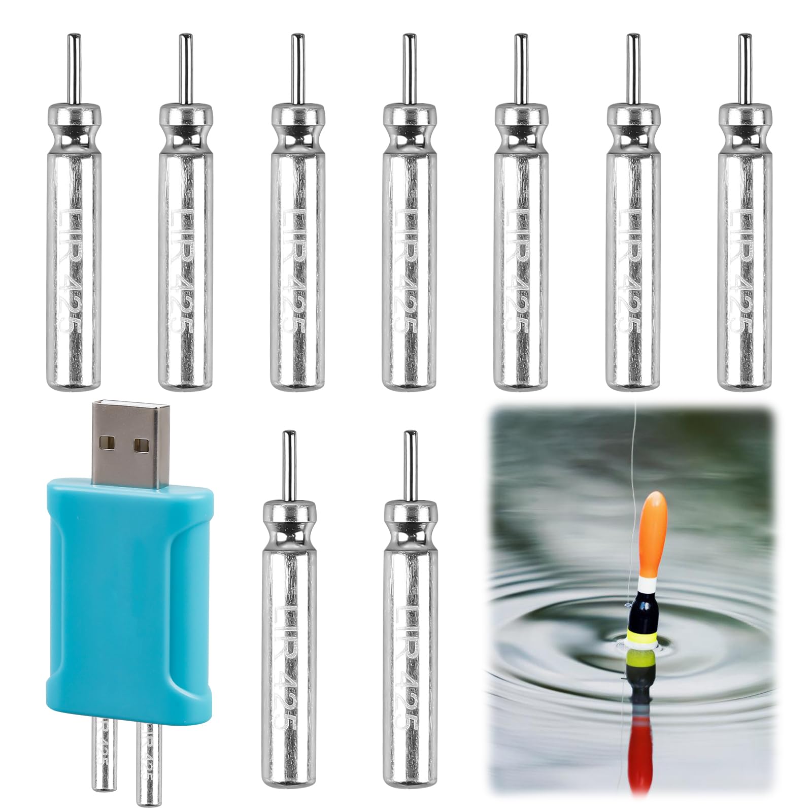 Lot de 9 piles CR425 compatibles avec les flotteurs LED - Rechargeables - Pour cloches d'alarme de pêche et flotteurs de pêche - Avec chargeur et batteries