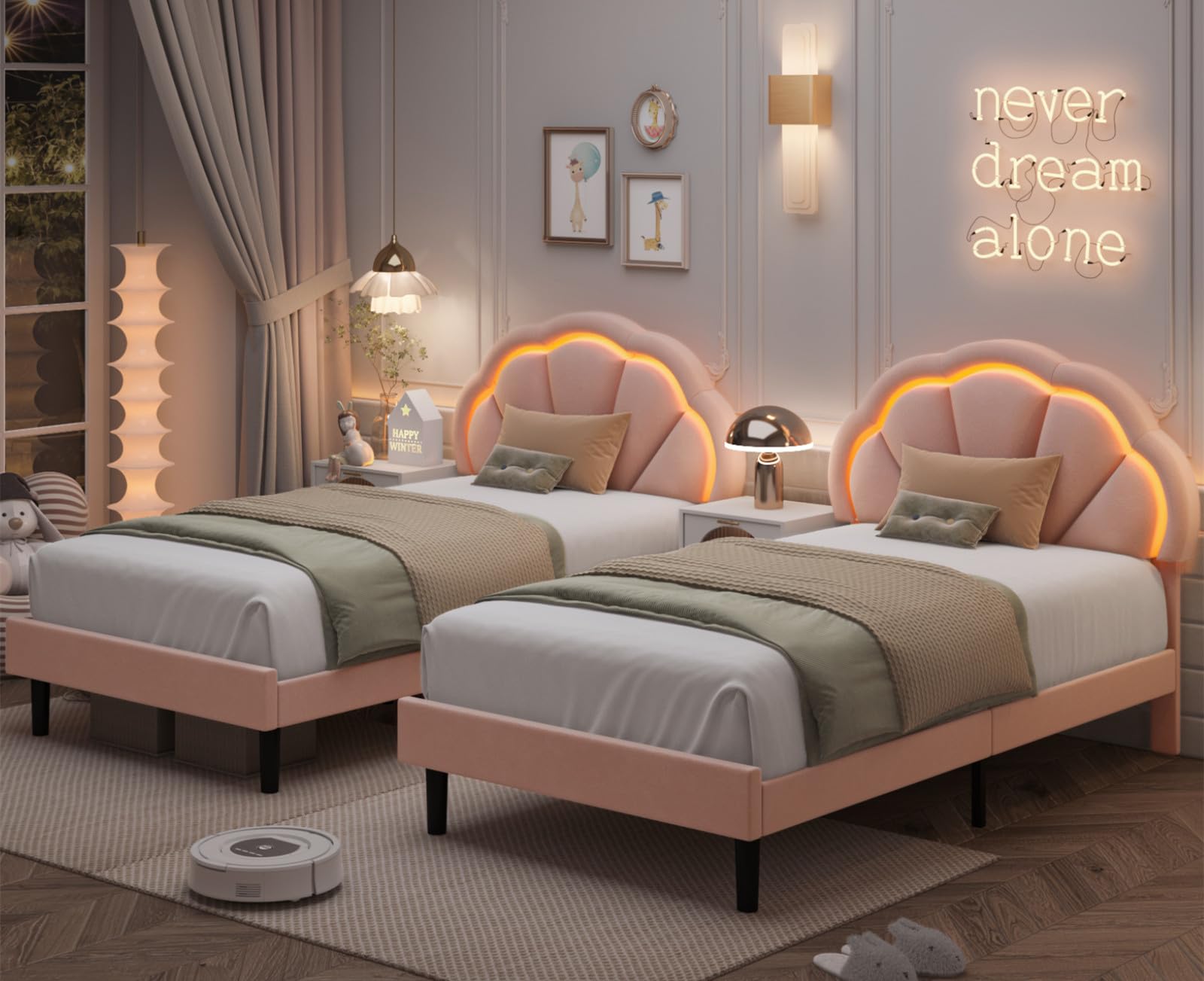 HIFIT 2 Piece Twin Upholstered LED Bed Frame with Adjustable Cute Petal Headboard, Soft Velvet Princess Platform Bed for Girls/Kids, Solid Wood Slats