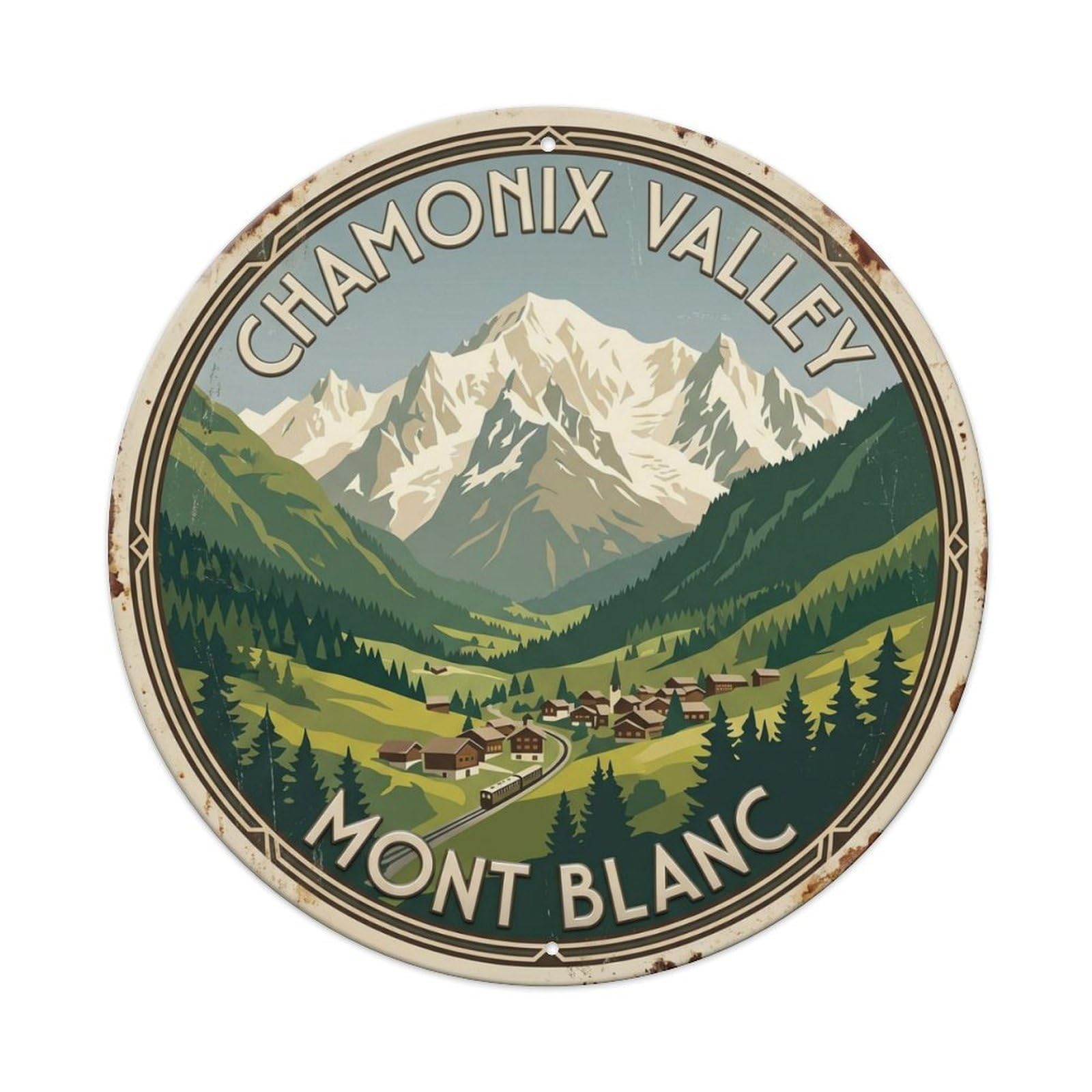 Chamonix Valley Mont Blanc France Alpine Metal Tin Sign Plaque Wall Decor for Cafe, Club Bar, Office, Home Garden Round Metal Poster 8x8Inch
