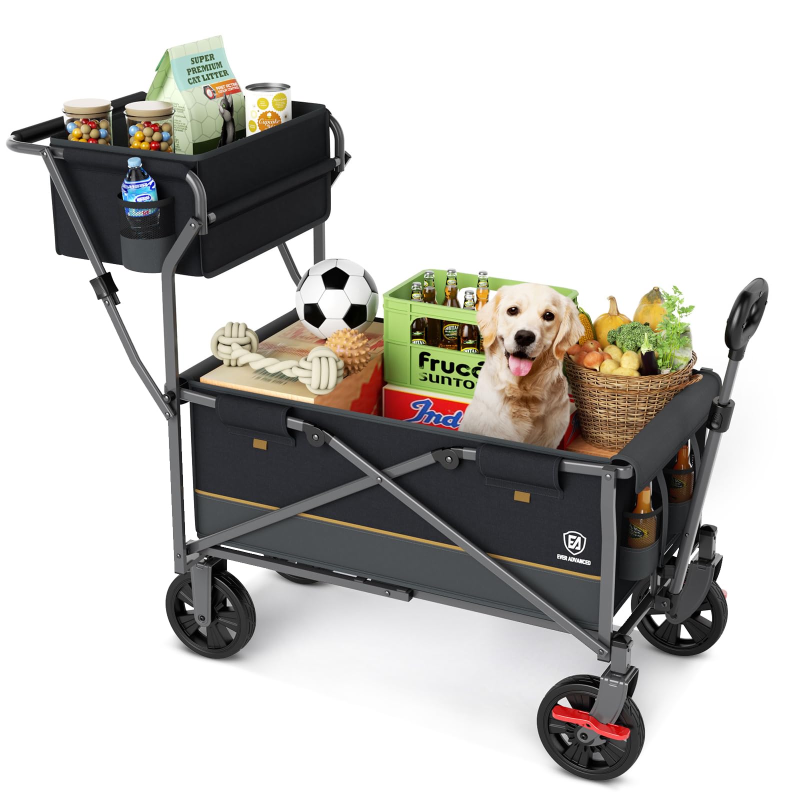EVER ADVANCED Folding Push & Pull Trolley with Brake, Shopping Basket, Cup Holder, Side Pocket, Beach Trolley up to 100 kg for Camping, Beach, Shopping Black