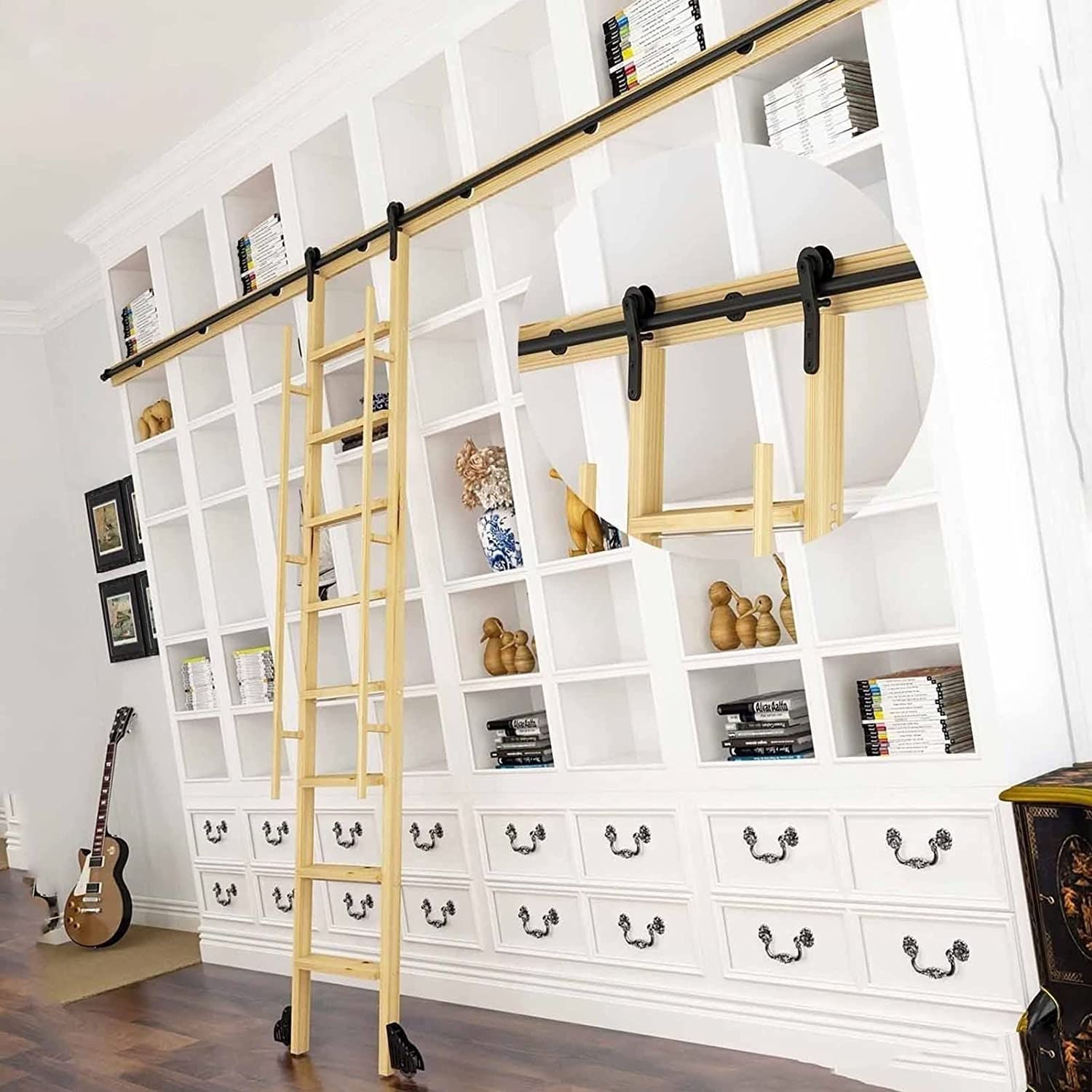 Kit quincaillerie échelle coulissante en acier noir pour bibliothèque roulante et loft