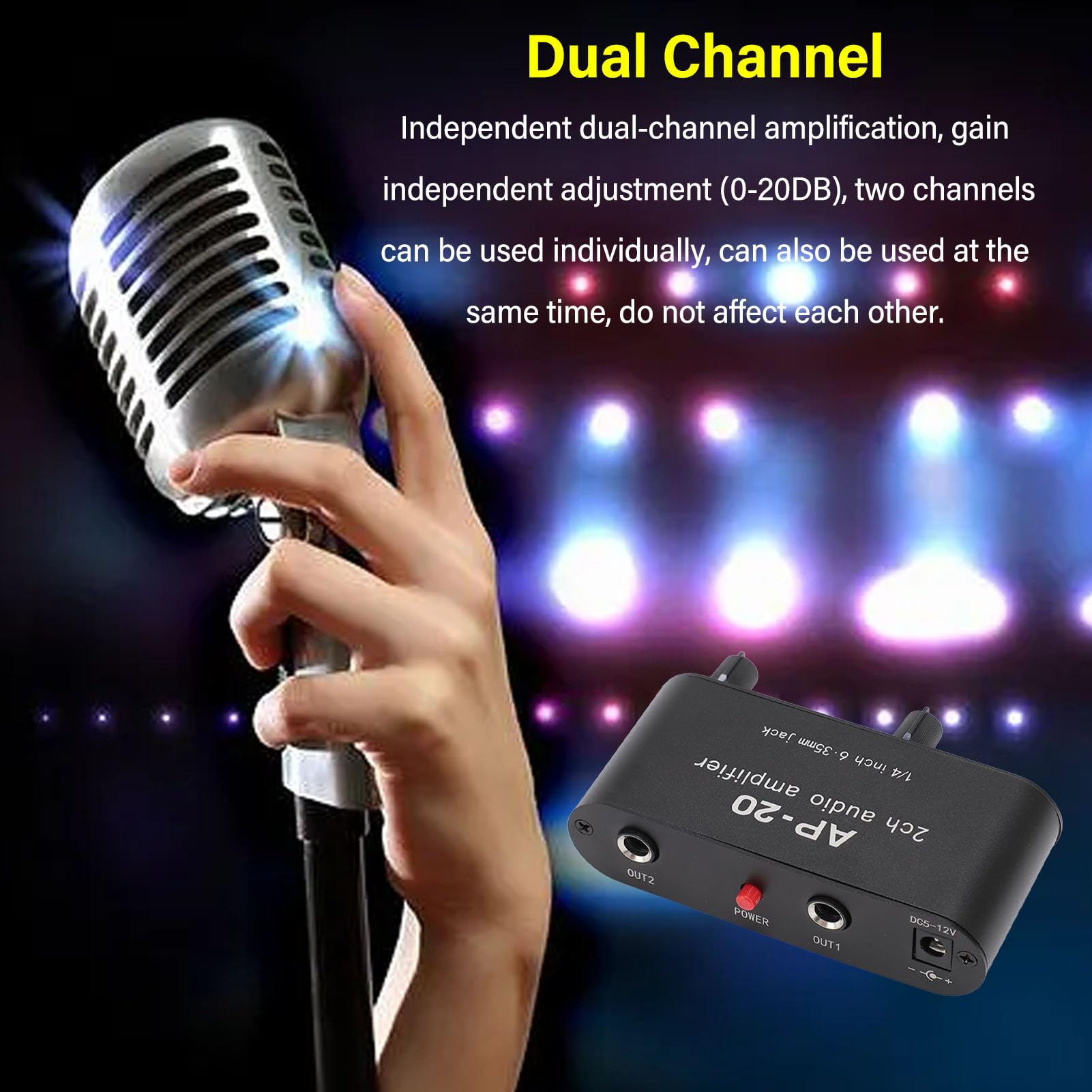 Dual Channel Sound Amplifier, Balanced 1/4 Inch Gain Adjustable Stereo Preamplifier with 6.35mm Input and Output for Instruments, Microphones, Amplifiers