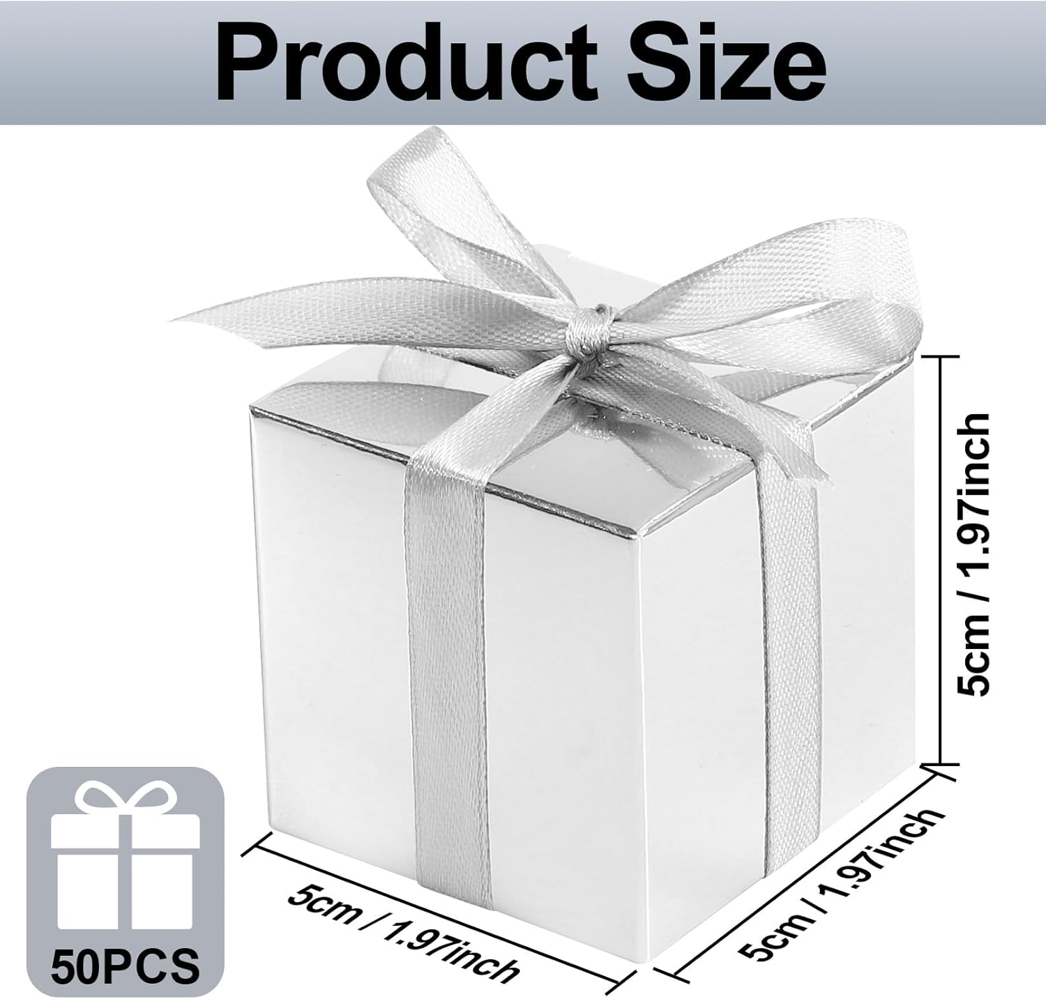 COCPOK 50 Pack Silver Gift Boxes, 2x2x2 inch Gift Box, Small Candy Boxes with Lids and Ribbons, Paper Favor Box for Wedding Bridal Shower Baby Shower Birthday Party - Image 2