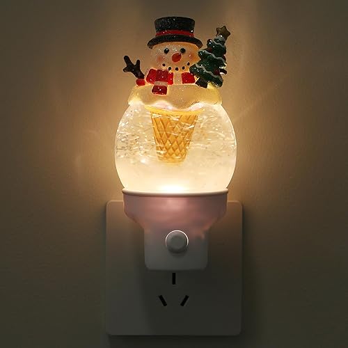 Luz nocturna de Navidad enchufable a la pared, luz nocturna de agua con purpurina con opciones USB/tomacorriente, luz nocturna decorativa de muñeco