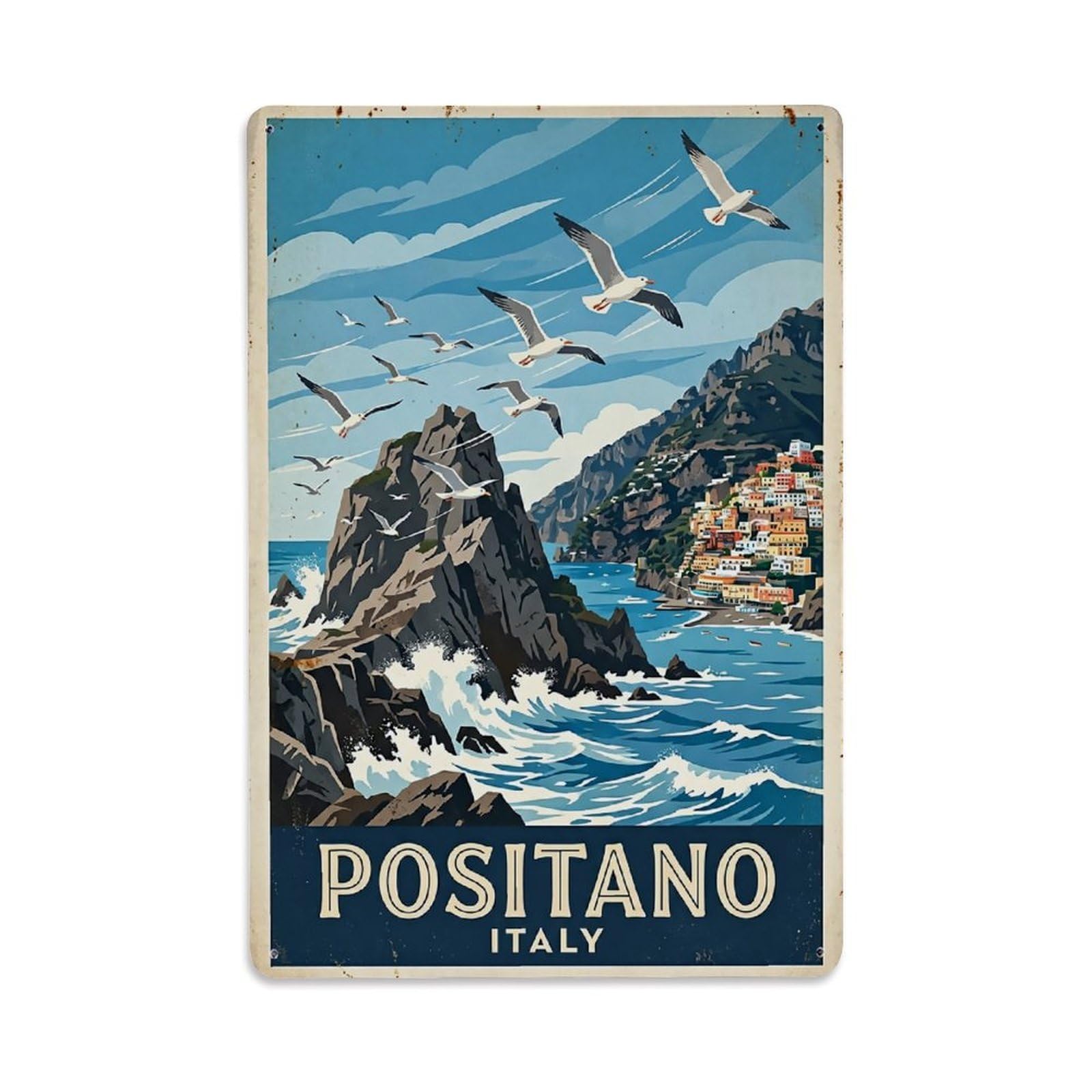 Huiyhb 8X12inch(20X30cm) Vintage Travel Positano Italy Seagulls Rocky Headland Metal Tin Sign