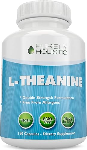 Purely Holistic L-teanina 200 mg (doble fuerza) 180 cápsulas veganas a 6 meses de suministro, vitaminas sin OMG y sin gluten