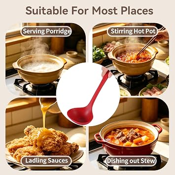 Silicone Cooking Ladle, Soup Serving Spoon Kitchen Ladle Spoons One Piece Design for Cooking and Stirring (Red) 11.2in