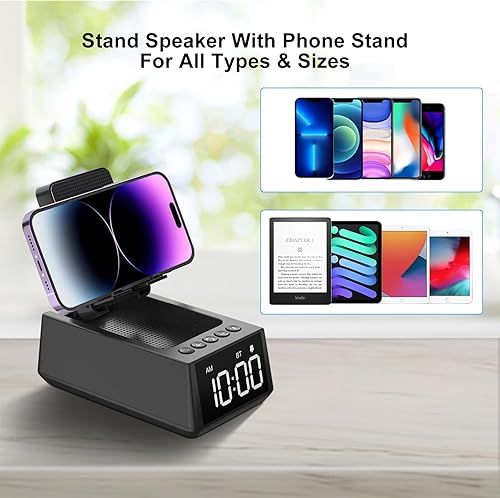 Miniatura 5 de Deeyaple Regalos para hombresmujeres 3 en 1 altavoz inalámbrico con reloj despertador fuerte soporte para teléfono celular, lector de tarjetas TF