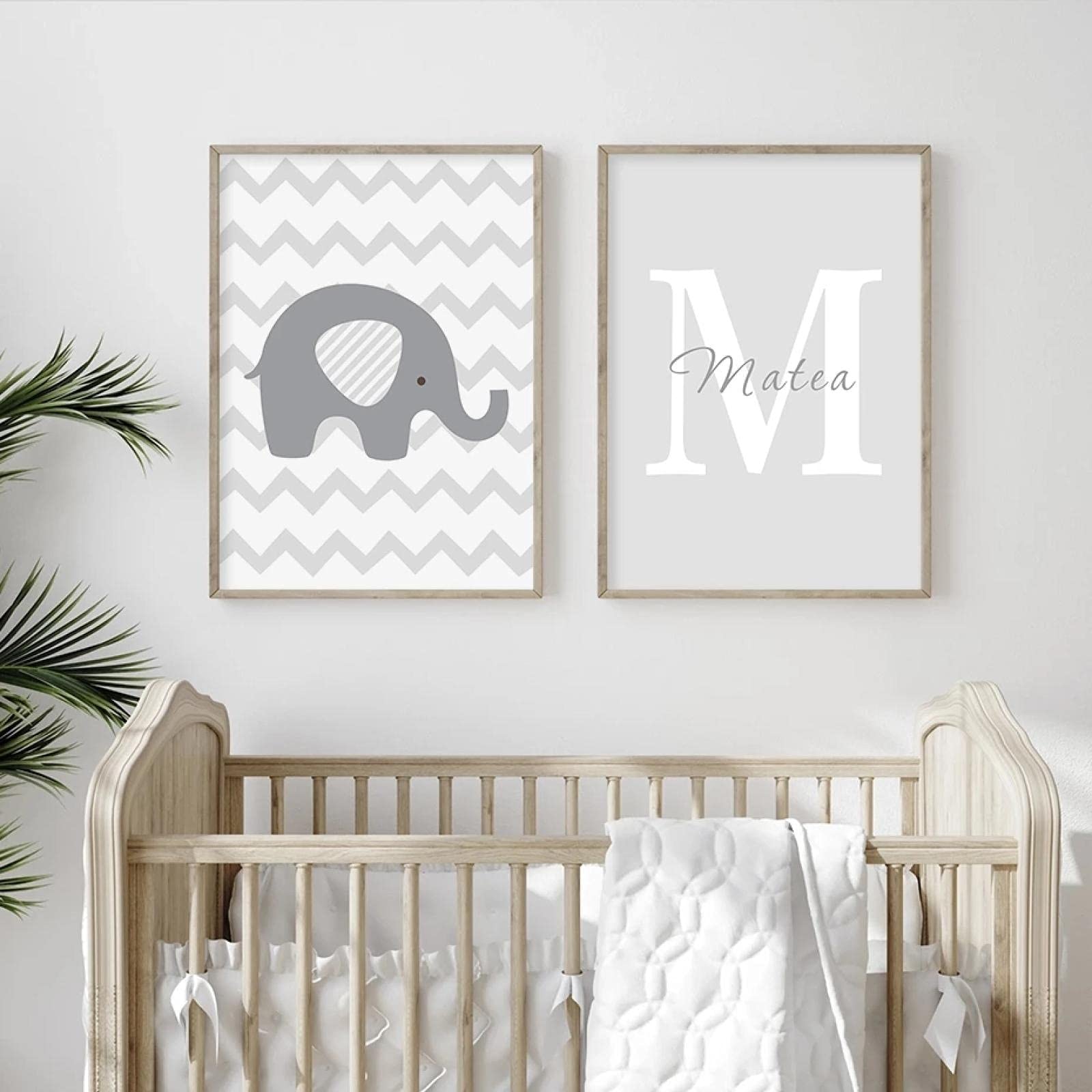 Yooyu Pintura en lienzo Nombre personalizado Letra inicial Elefante Animales Bebé Vivero Cartel Imprimir Arte de la pared Imágenes Niños Dormitorio Decoración 70x100cmx3 Sin marco