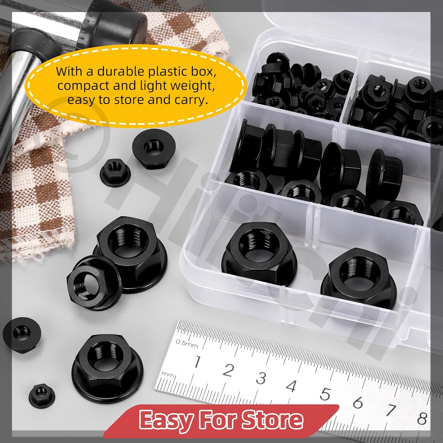 Hilitchi 135Pcs Black Nylon Flange Nuts Set, M3 M4 M5 M6 M8 M10 M12 Flange Nylon Insert Lock Nuts Flange Hex Nuts Nylon Hex Flange Nuts Assortment Set for Furniture Machinery Industry