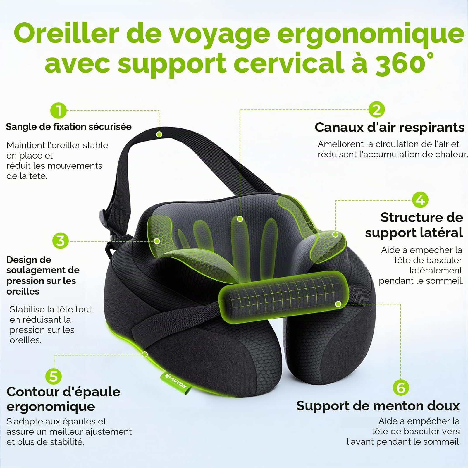 AUVON Coussin de Voyage avec Support Menton pour Confort de Sommeil Optimal | Soutien 360° nuque détente, oreiller voyage mousse mémoire sans pression oreilles, sac de transport, housse aérée et lavable