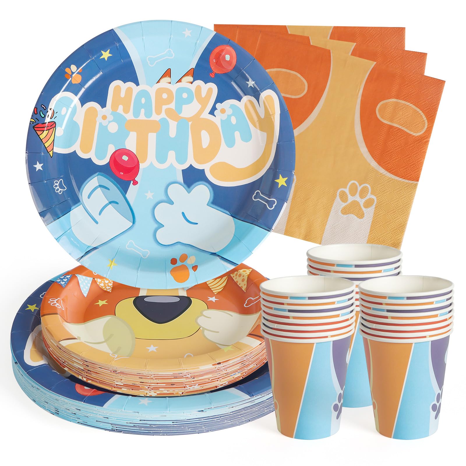 Set di stoviglie PARTY GO 96 pezzi, piatti di carta cartone animato blu per feste di compleanno, set di stoviglie per feste include piatti di carta, tovaglioli, posate per decorazioni di compleanno
