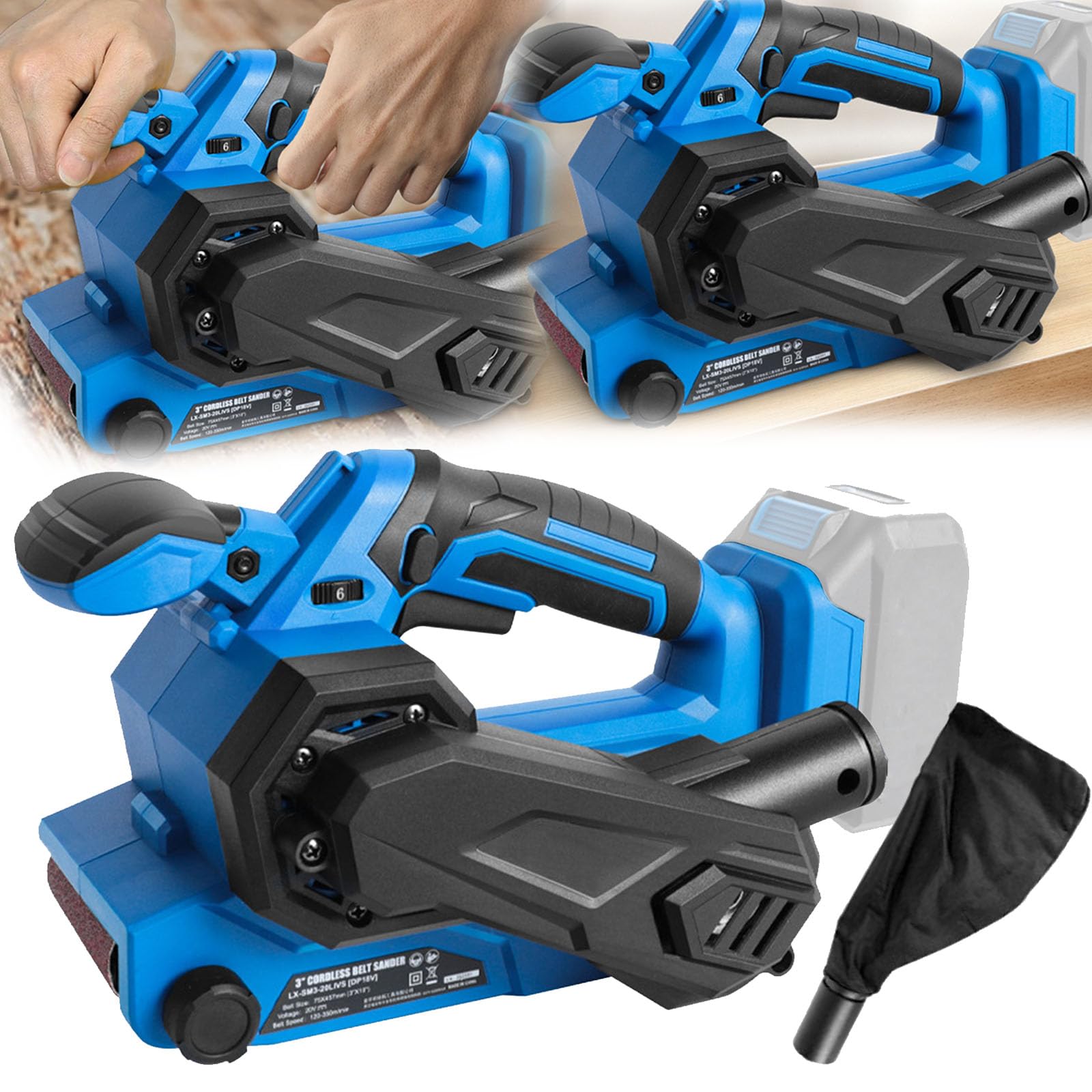 Schleifband, Batterie Schleifband für Makita 18 V bürstenloses Band 6 variable Geschwindigkeiten Polierwerkzeug mit Staubbeutel für Holz Metall (Batterie nicht im Lieferumfang enthalten)