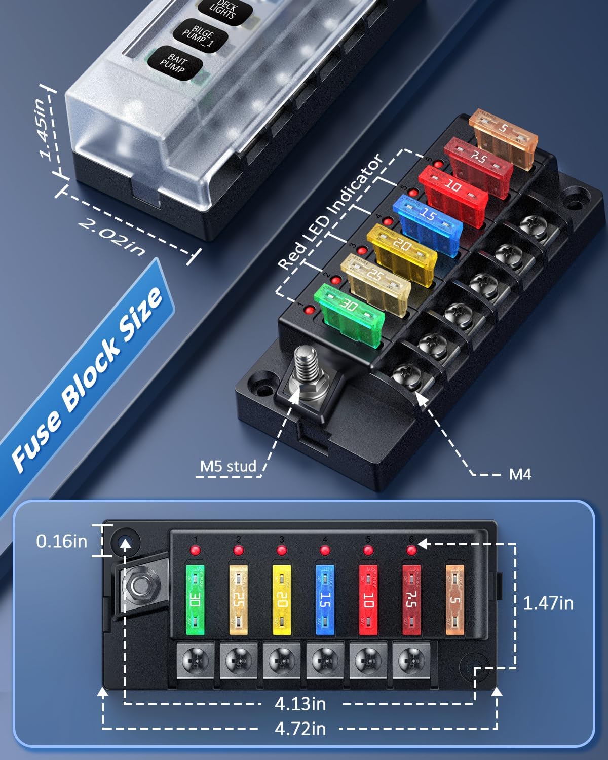 EXTRACTME 12V Fuse Block, 6 Circuit 12 Volt Blade Fuse Box Kit with LED Indicator, ATO Blade Fuse Block Compact with Cover, Fuse Panel Relay Box Kit for 12V/24V Automotive Marine Truck Car Boat RV