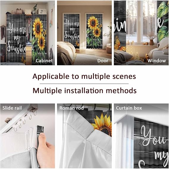 Yellow Sunflower Blackout Curtains for Bedroom, Butterfly Sunshine Black Farmhouse Wood Room Darkening Curtains for Living Room with Hooks, Thermal Insulated Drapes 2 Panels, 79 Wx32 L