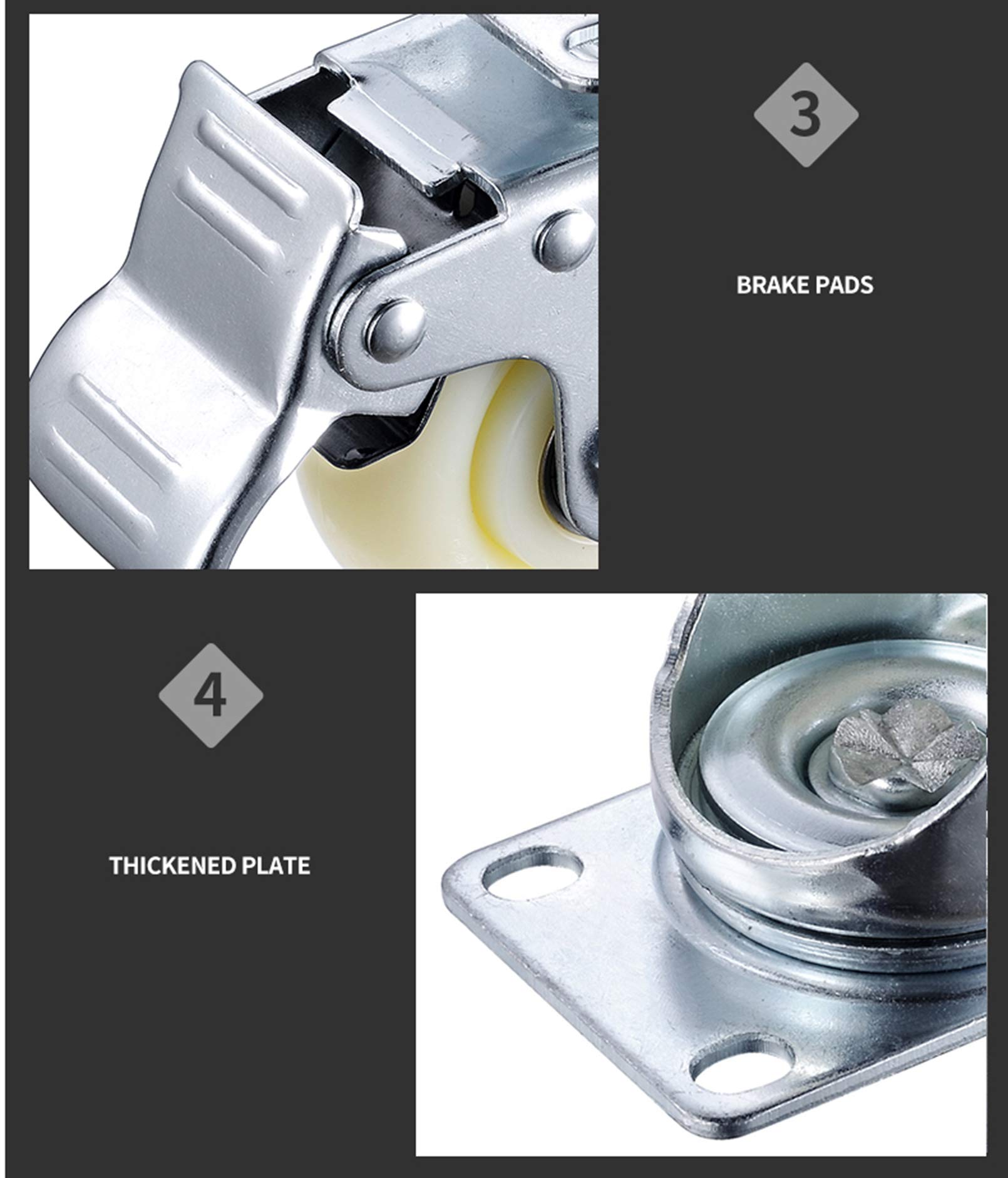 4 robuste Lenkrollen for Möbel, Tischwagen, Bett, Werkbank | 360-Grad-Oberplatte mit gebremsten Nylon-Möbelrollen, Tragfähigkeit 400 kg, leises Rollen(Standard+swivel,2.5in/63mm)