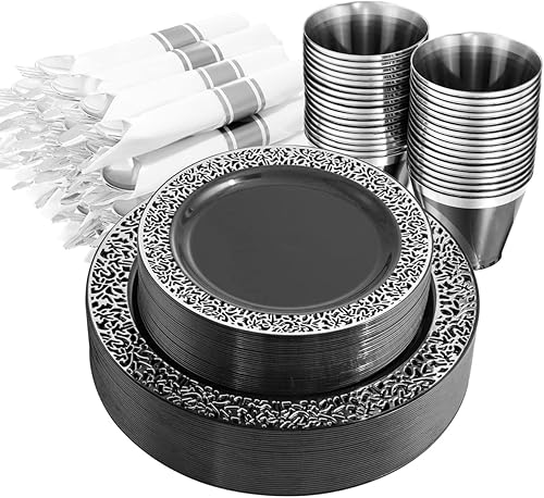 NOCCUR Vajilla de 210 piezas de plástico negro y plateado, platos con cubiertos de plástico preenvueltos y vasos plateados, vajilla de plástico disponible en Yaxa Costa Rica