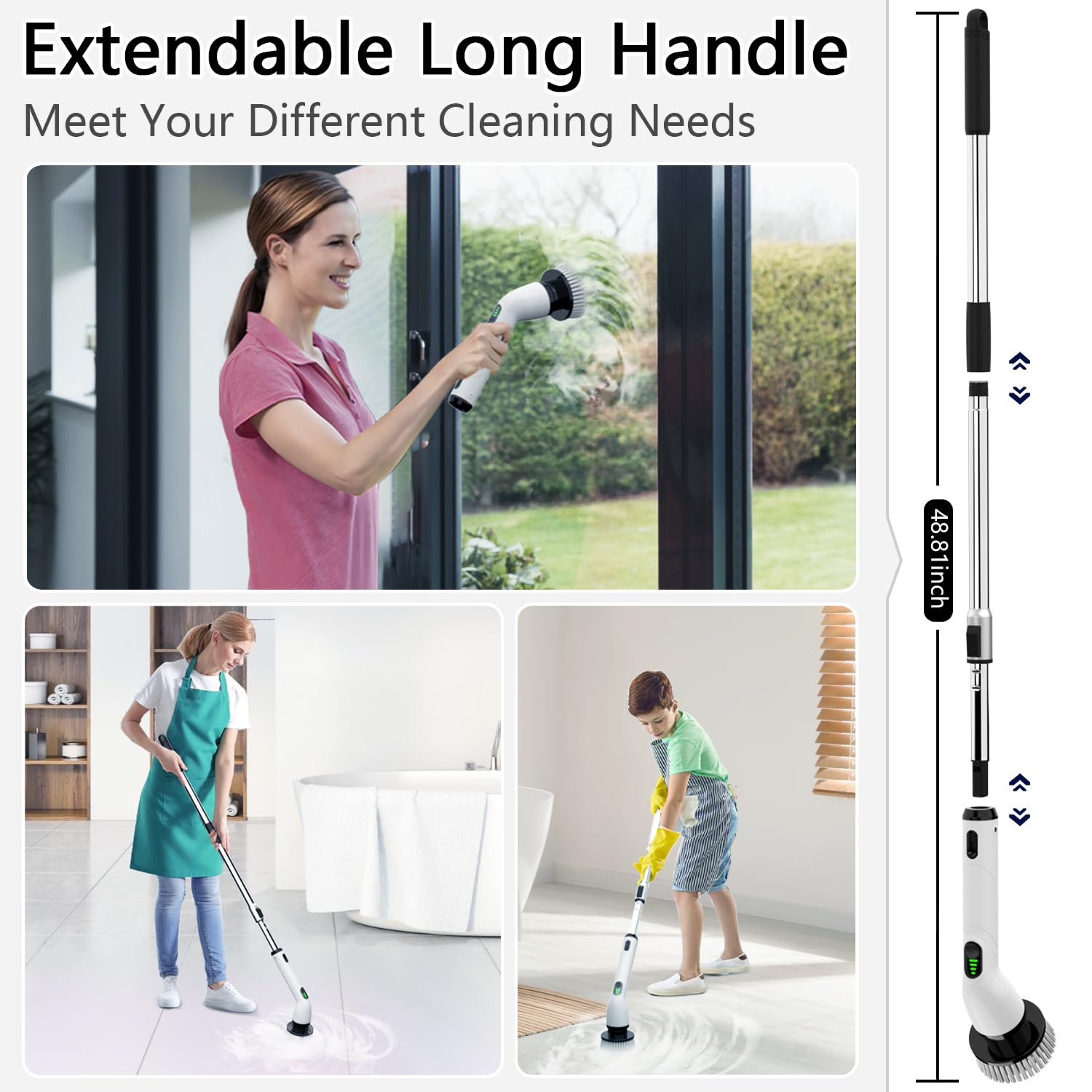 TUYU Limpiador giratorio eléctrico, cuerpo completo IPX7, impermeable, 4 cabezales de repuesto para mango de extensión ajustable, cepillo de limpieza eléctrico para baño, bañera, azulejos