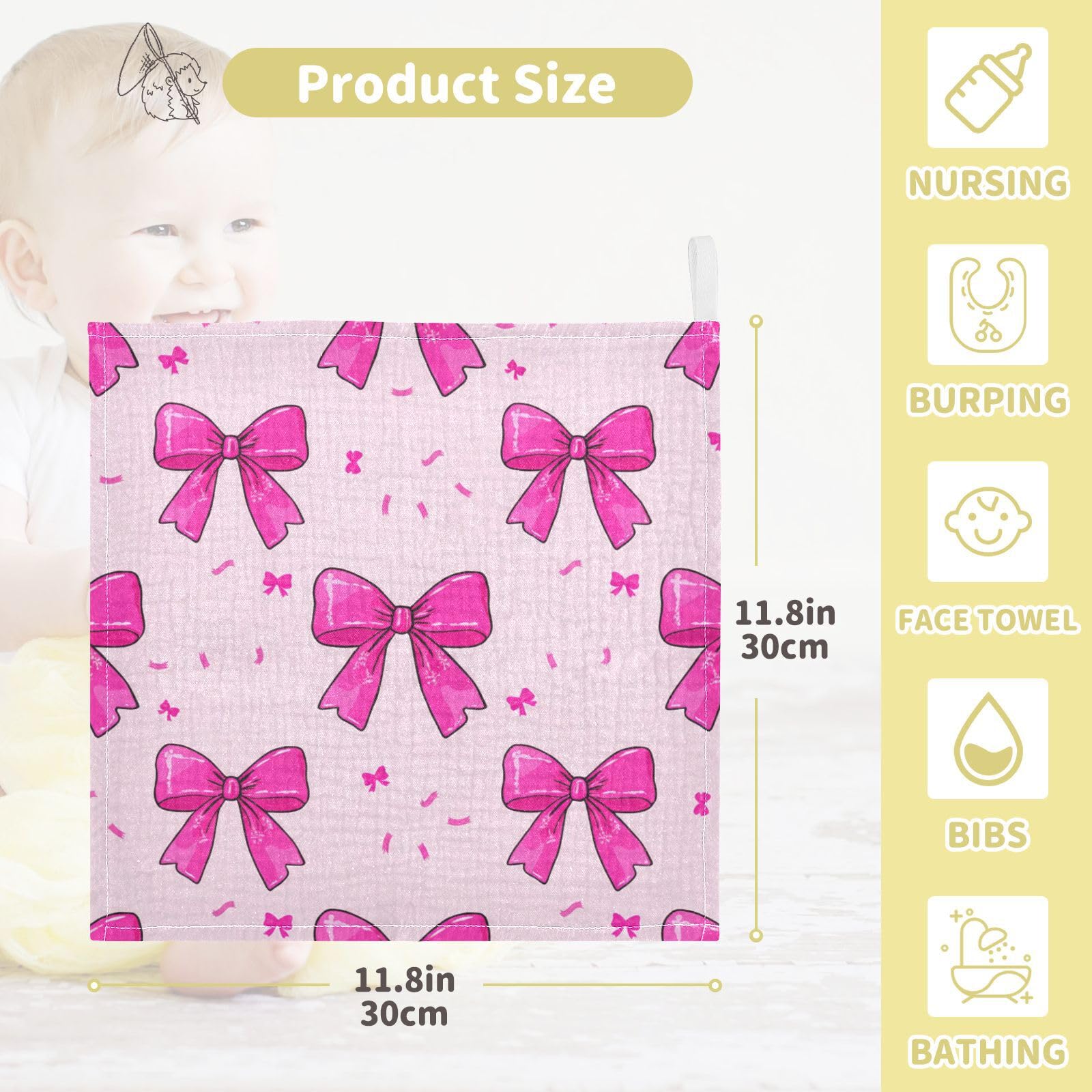 Kigai Cute Pink Bows Baby Washcloths,5pcs Ultra Soft Absorbent Towel,Newborn Bath Face Towel, Natural Reusable Baby Wipes for Sensitive Skin, Baby Registry as Shower